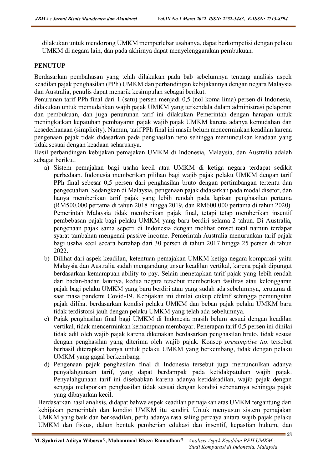 JURIS Analisis Aspek Keadilan PPH UMKM Studi Komparasi di Indonesia Malaysia dan Australia