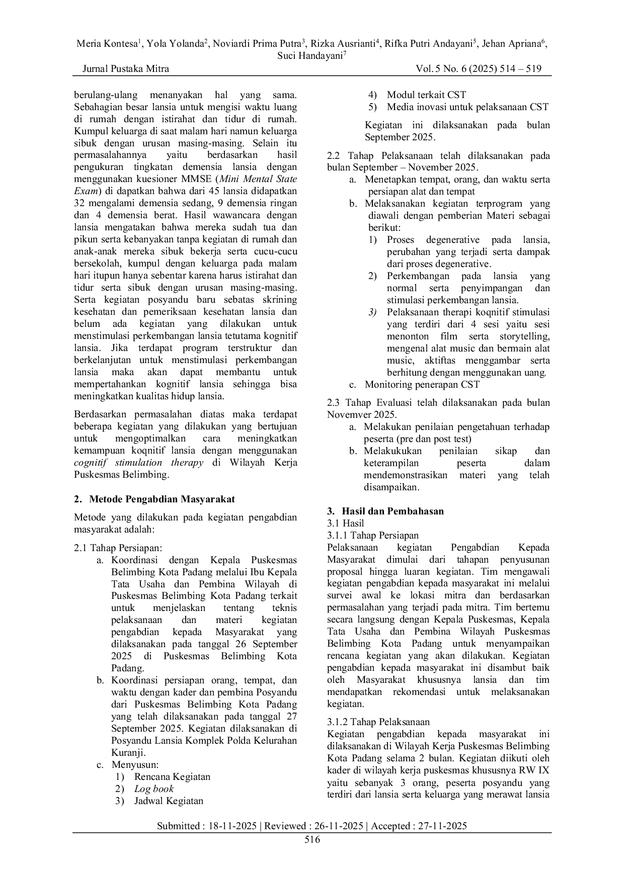 JURIS Penerapan Cognitive Stimulation Therapy untuk Meningkatkan Kemampuan Kognitif Lansia Demensia