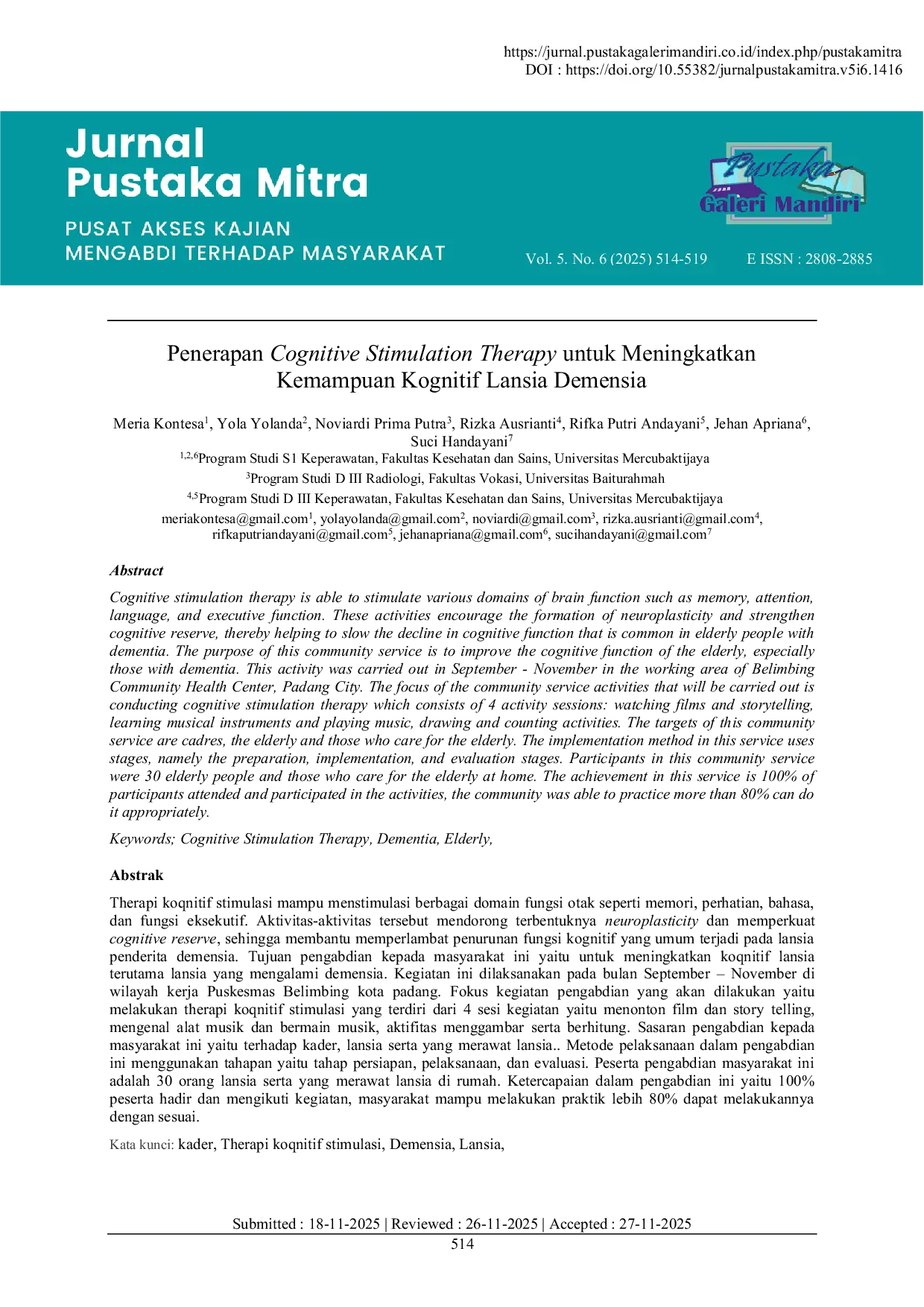 JURIS Penerapan Cognitive Stimulation Therapy untuk Meningkatkan Kemampuan Kognitif Lansia Demensia