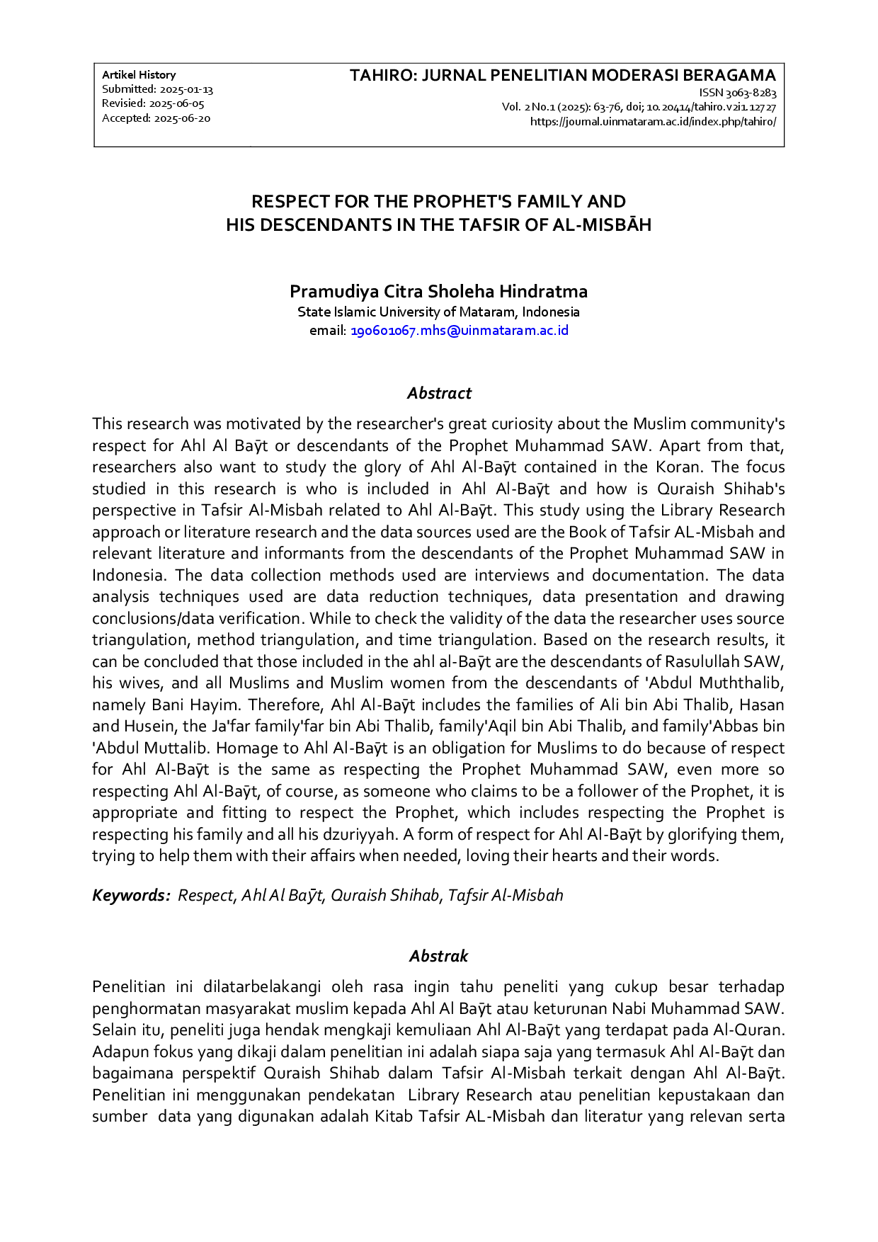 juris Respect for the Prophet s Family and His Descendants in the Tafsir of Al MisbAh