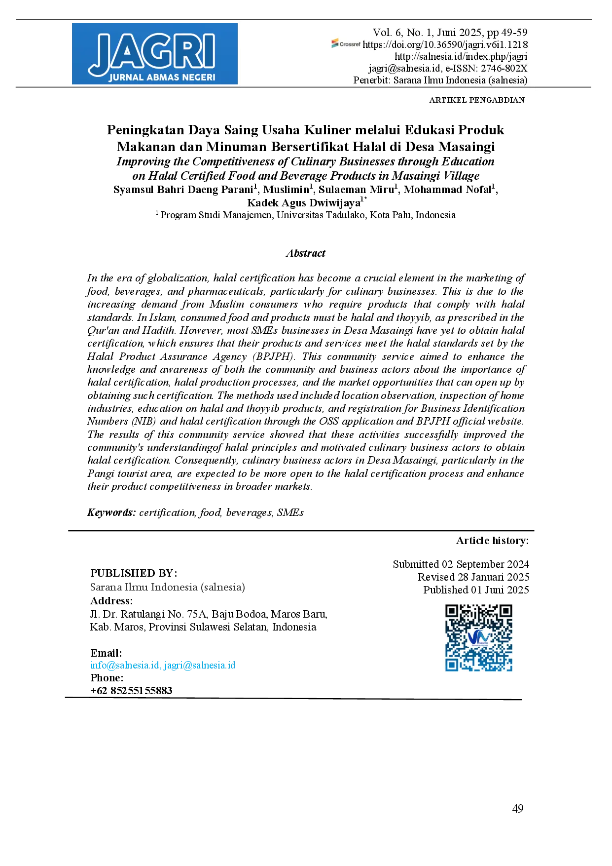 juris Improving the Competitiveness of Culinary Businesses through Education on Halal Certified Food and Beverage Products in Masaingi Village