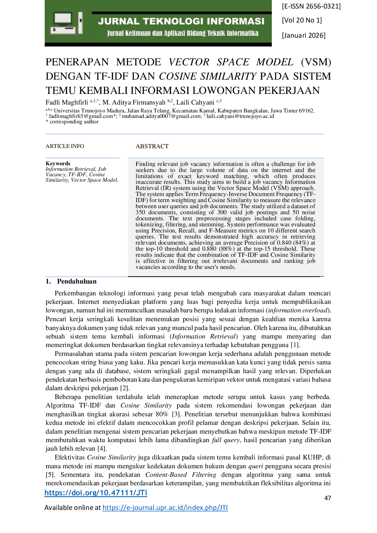 JURIS Penerapan Metode Vector Space Model VSM dengan TF IDF dan Cosine Similarity pada Sistem Temu Kembali Informasi Lowongan Pekerjaan