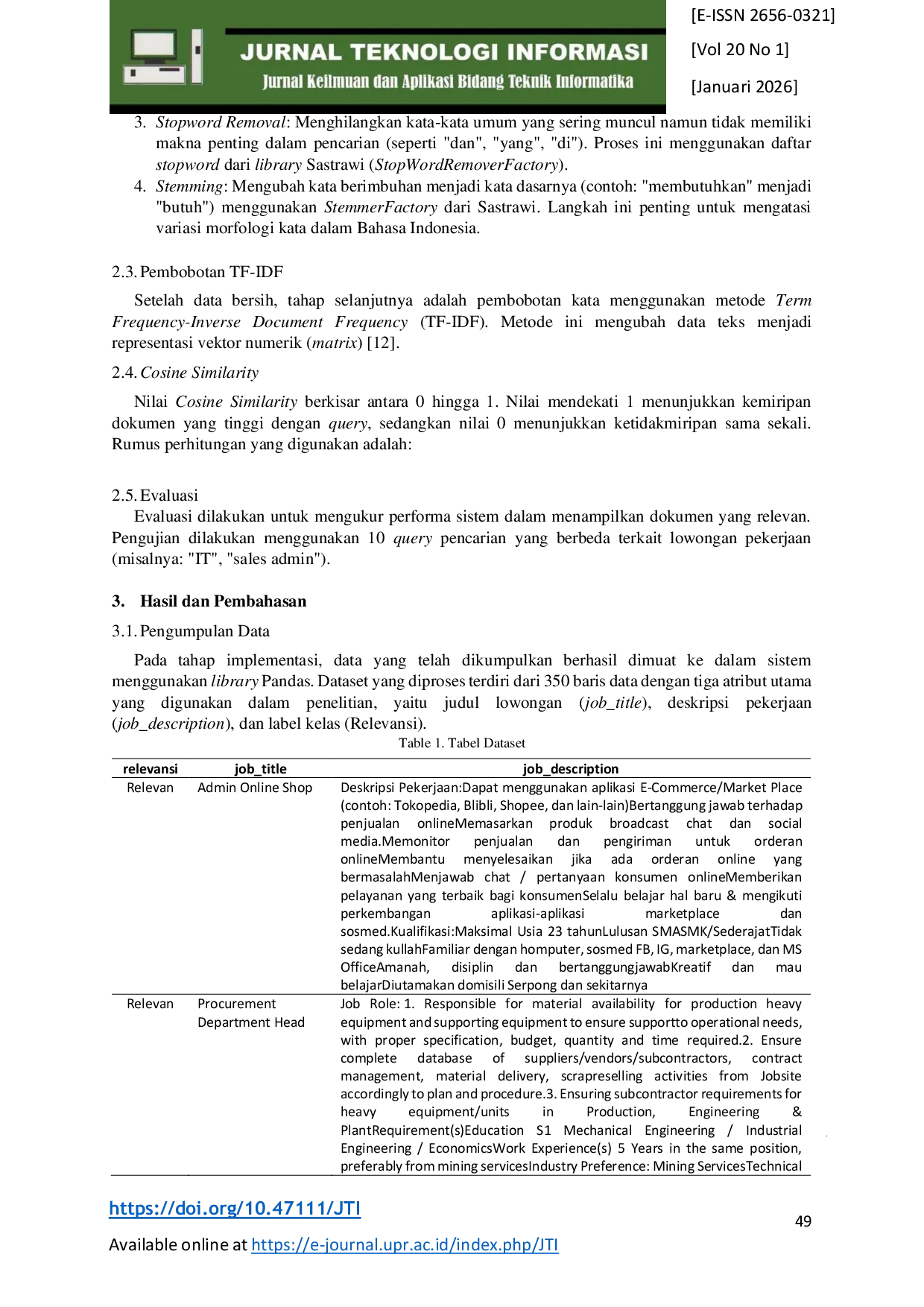 JURIS Penerapan Metode Vector Space Model VSM dengan TF IDF dan Cosine Similarity pada Sistem Temu Kembali Informasi Lowongan Pekerjaan