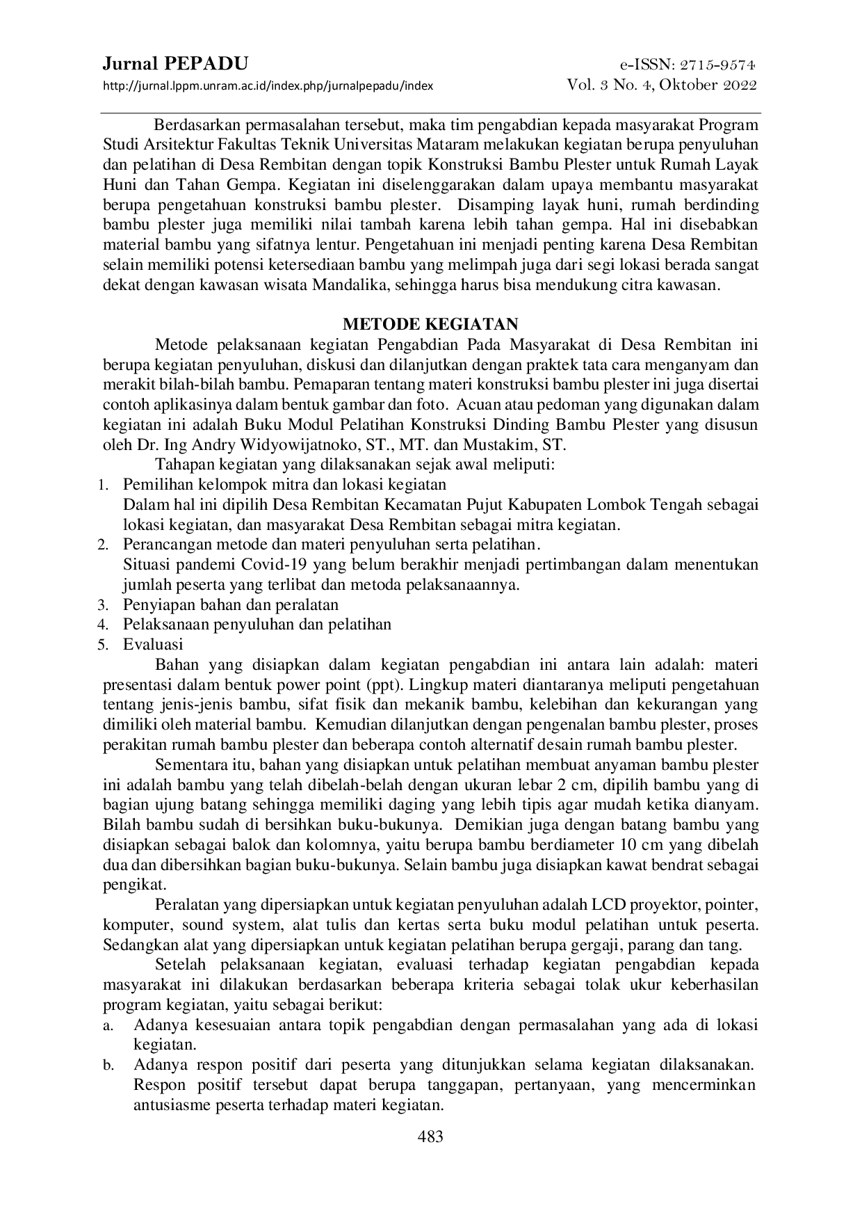 JURIS Konstruksi Bambu Plester untuk Rumah Layak Huni dan Tahan Gempa di Desa Rembitan Kecamatan Pujut Kabupaten Lombok Tengah