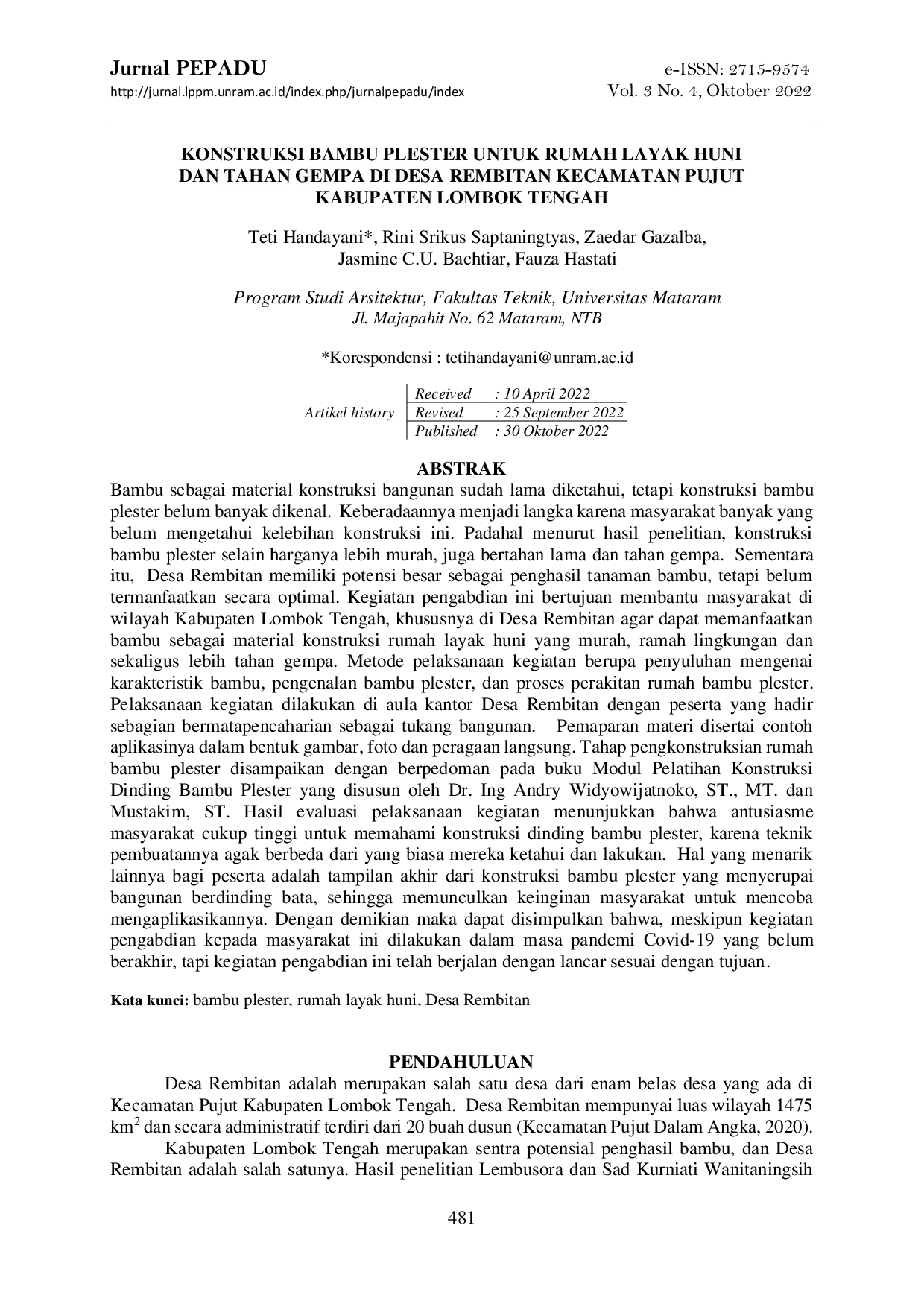 JURIS Konstruksi Bambu Plester untuk Rumah Layak Huni dan Tahan Gempa di Desa Rembitan Kecamatan Pujut Kabupaten Lombok Tengah