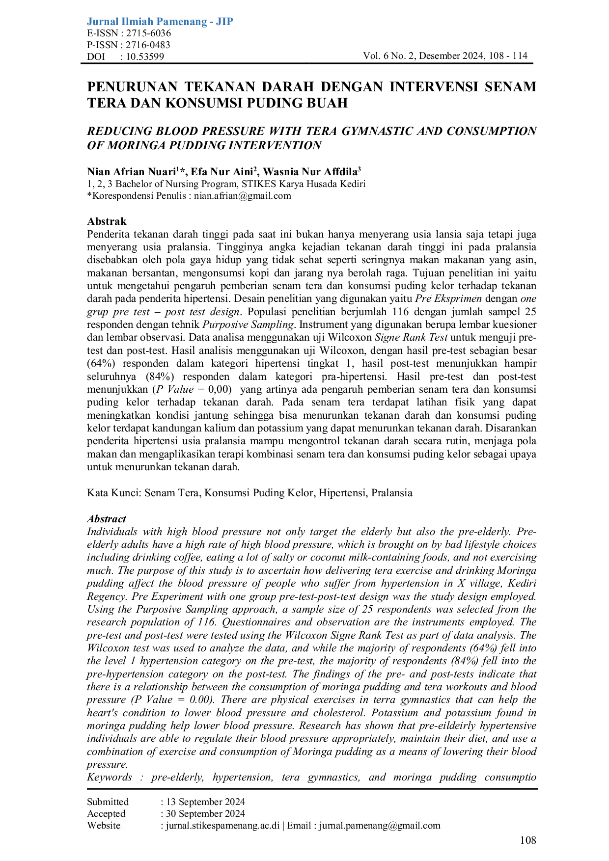 JURIS Penurunan Tekanan Darah Dengan Intervensi Senam Tera Dan Konsumsi Puding Buah