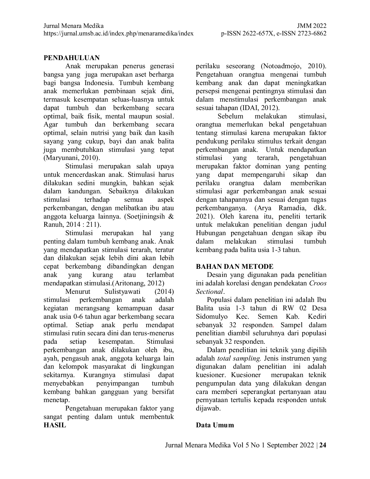 JURIS Hubungan Pengetahuan Dengan Sikap Ibu Dalam Memberikan Stimulasi Tumbuh Kembang Pada Balita Usia 1 3 Tahun