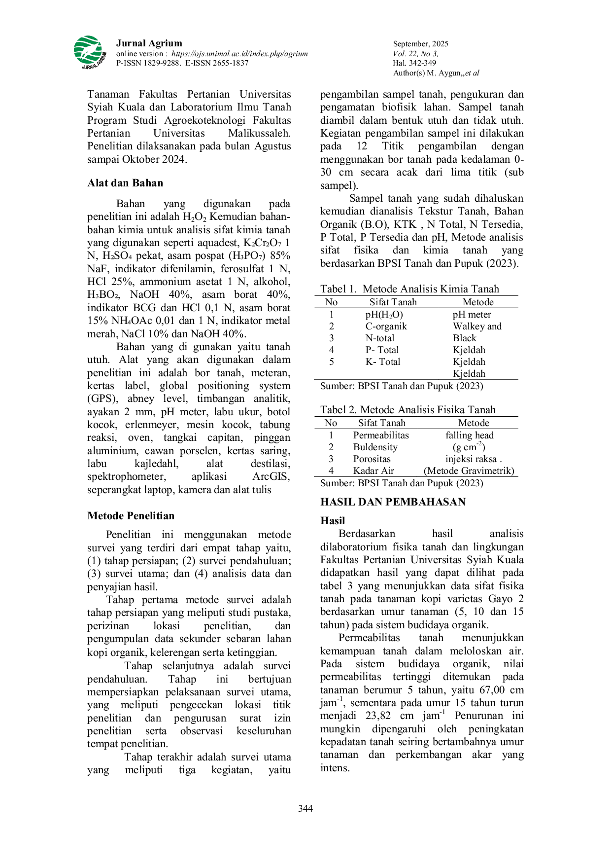 JURIS Analisis Sifat Fisika Dan Kimia Tanah Pada Lahan Kopi Arabika Organik Di Kabupaten Bener Meriah