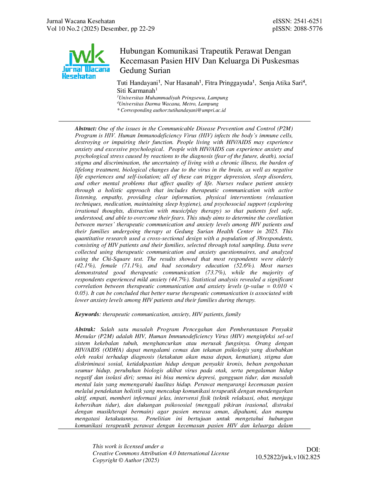 JURIS Hubungan Komunikasi Trapeutik Perawat Dengan Kecemasan Pasien HIV Dan Keluarga Di Puskesmas Gedung Surian