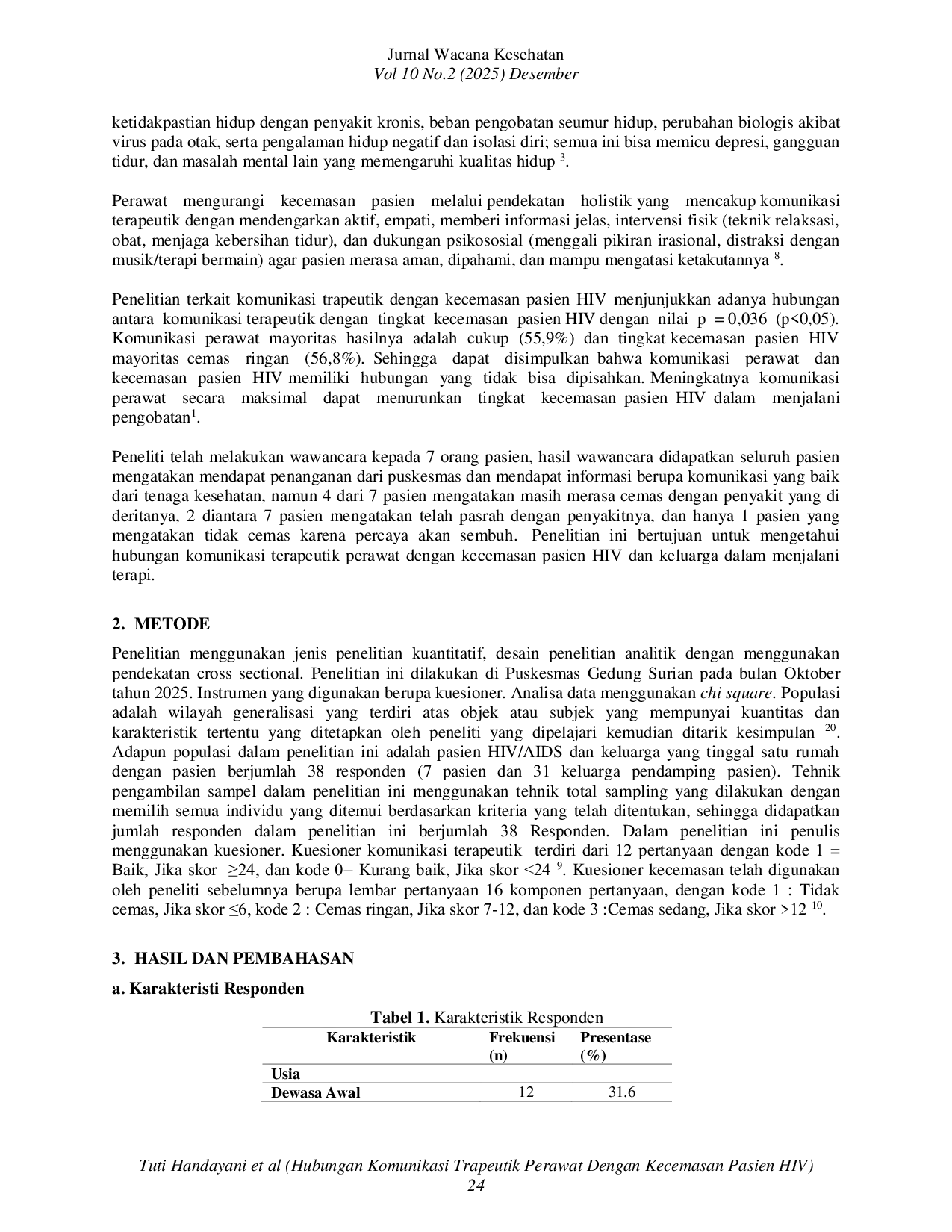 JURIS Hubungan Komunikasi Trapeutik Perawat Dengan Kecemasan Pasien HIV Dan Keluarga Di Puskesmas Gedung Surian