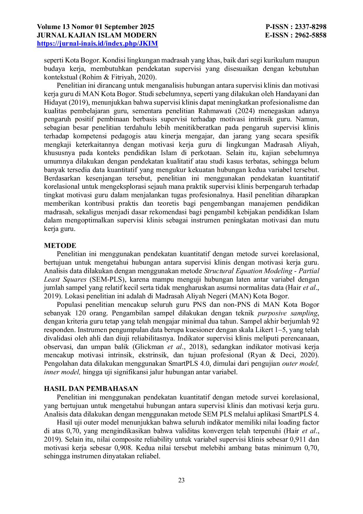 JURIS Hubungan Supervisi Klinis dengan Motivasi Kerja Guru di Madrasah Aliyah Negeri Kota Bogor