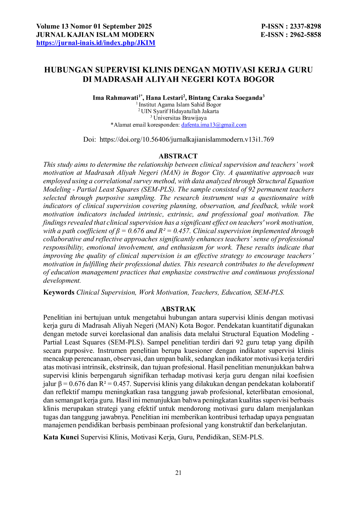 JURIS Hubungan Supervisi Klinis dengan Motivasi Kerja Guru di Madrasah Aliyah Negeri Kota Bogor
