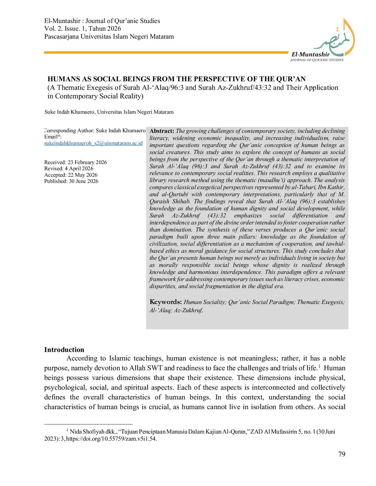 JURIS HUMANS AS SOCIAL BEINGS FROM THE PERSPECTIVE OF THE QUR AN A Thematic Exegesis of Surah Al Alaq 96 3 and Surah Az Zukhruf 43 32 and Their Application in Contemporary Social Reality