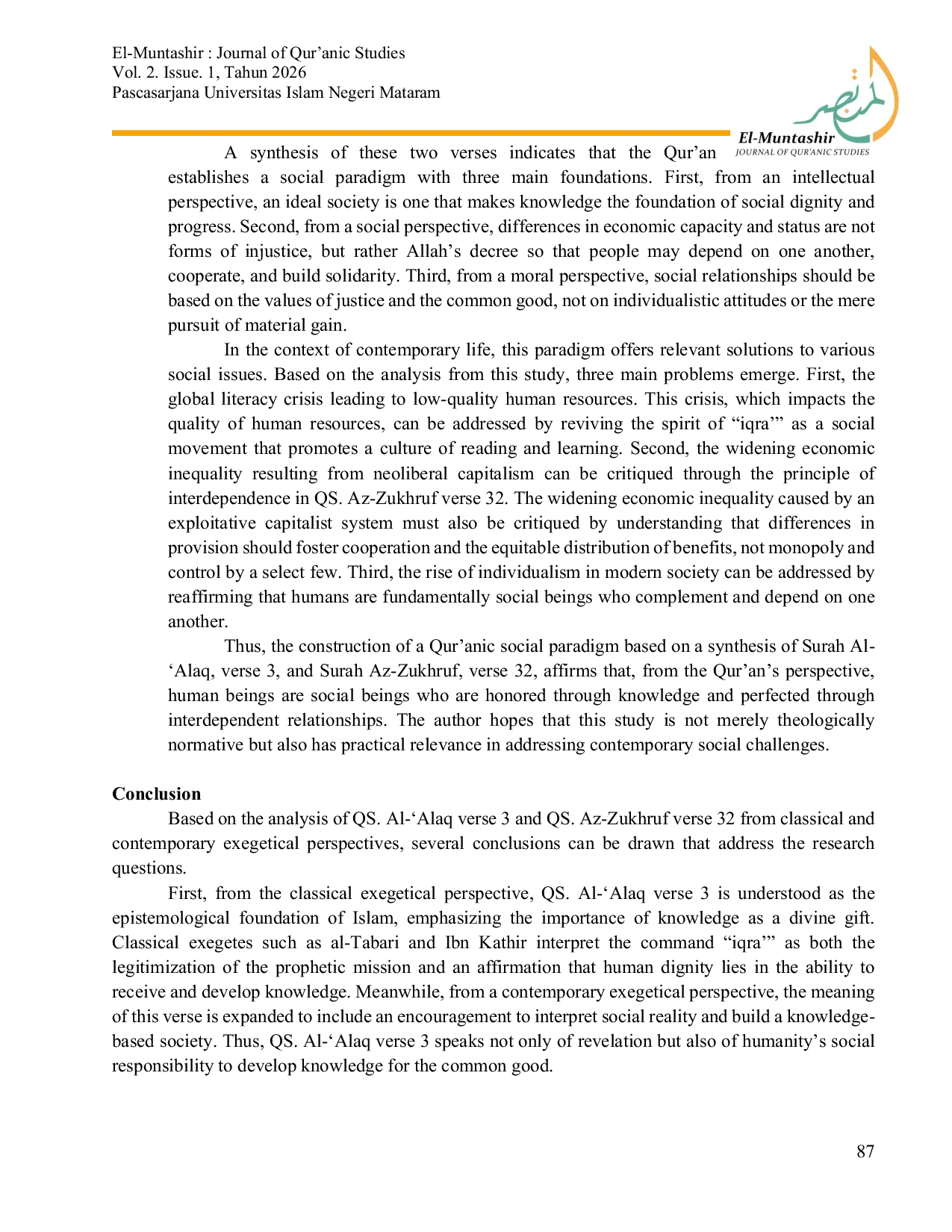 JURIS HUMANS AS SOCIAL BEINGS FROM THE PERSPECTIVE OF THE QUR AN A Thematic Exegesis of Surah Al Alaq 96 3 and Surah Az Zukhruf 43 32 and Their Application in Contemporary Social Reality