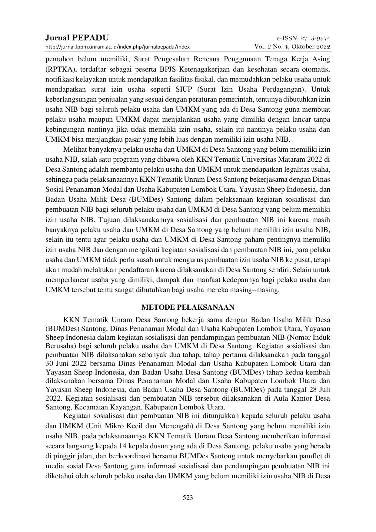 JURIS Sosialisasi dan Pendampingan Pembuatan Nomor Induk Berusaha NIB di Desa Santong Kecamatan Kayangan Kabupaten Lombok Utara