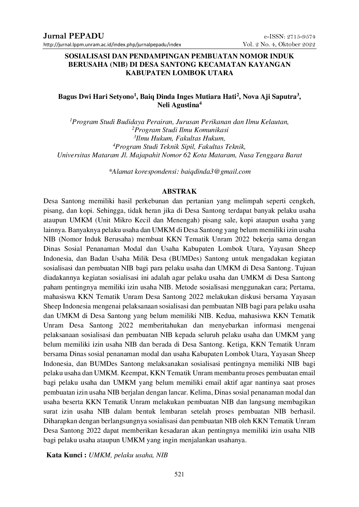 JURIS Sosialisasi dan Pendampingan Pembuatan Nomor Induk Berusaha NIB di Desa Santong Kecamatan Kayangan Kabupaten Lombok Utara