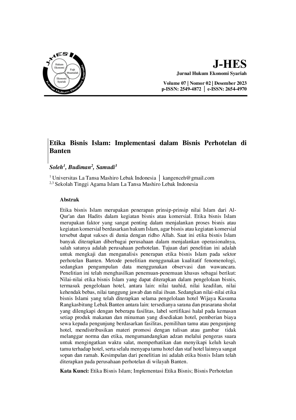 JURIS Etika Bisnis Islam Implementasi dalam Bisnis Perhotelan di Banten