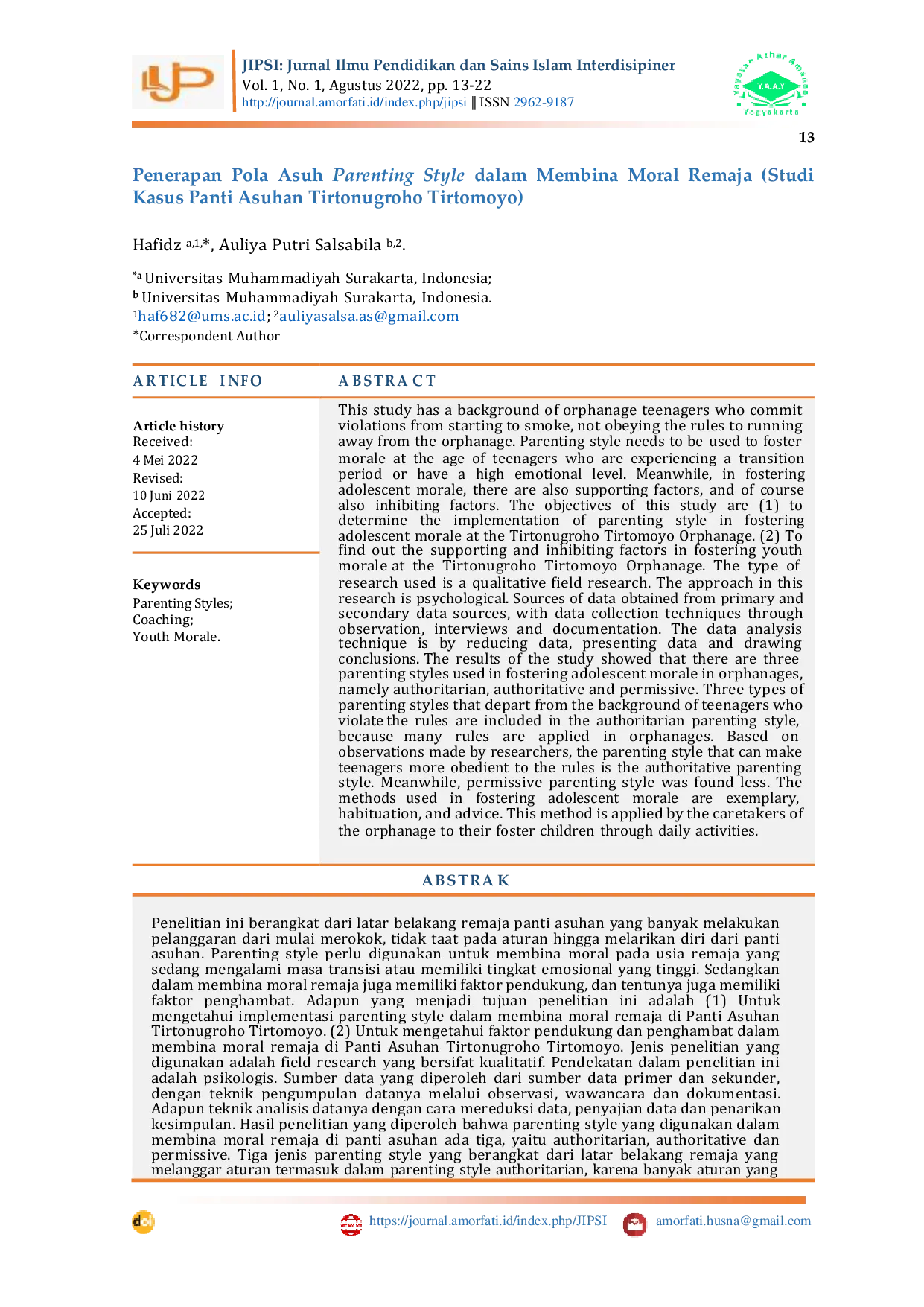 JURIS Penerapan Pola Asuh Parenting Style dalam Membina Moral Remaja Studi Kasus Panti Asuhan Tirtonugroho Tirtomoyo