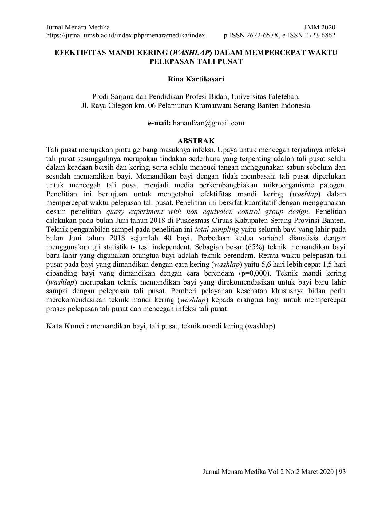 JURIS Efektifitas Mandi Kering Washlap Dalam Mempercepat Waktu Pelepasan Tali Pusat