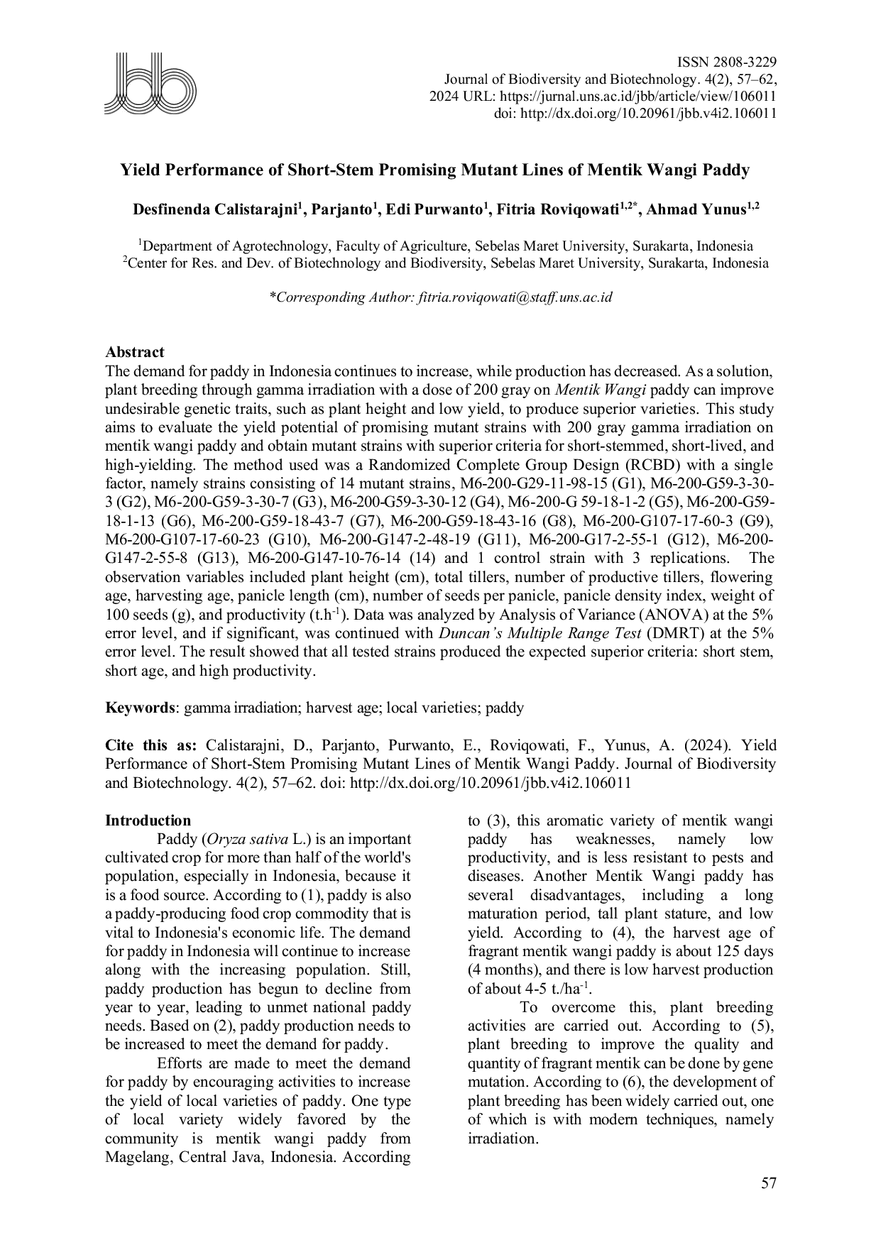 JURIS Yield Performance of Short Stem Promising Mutant Lines of Mentik Wangi Rice Induced by 200 Gy Gamma Irradiation