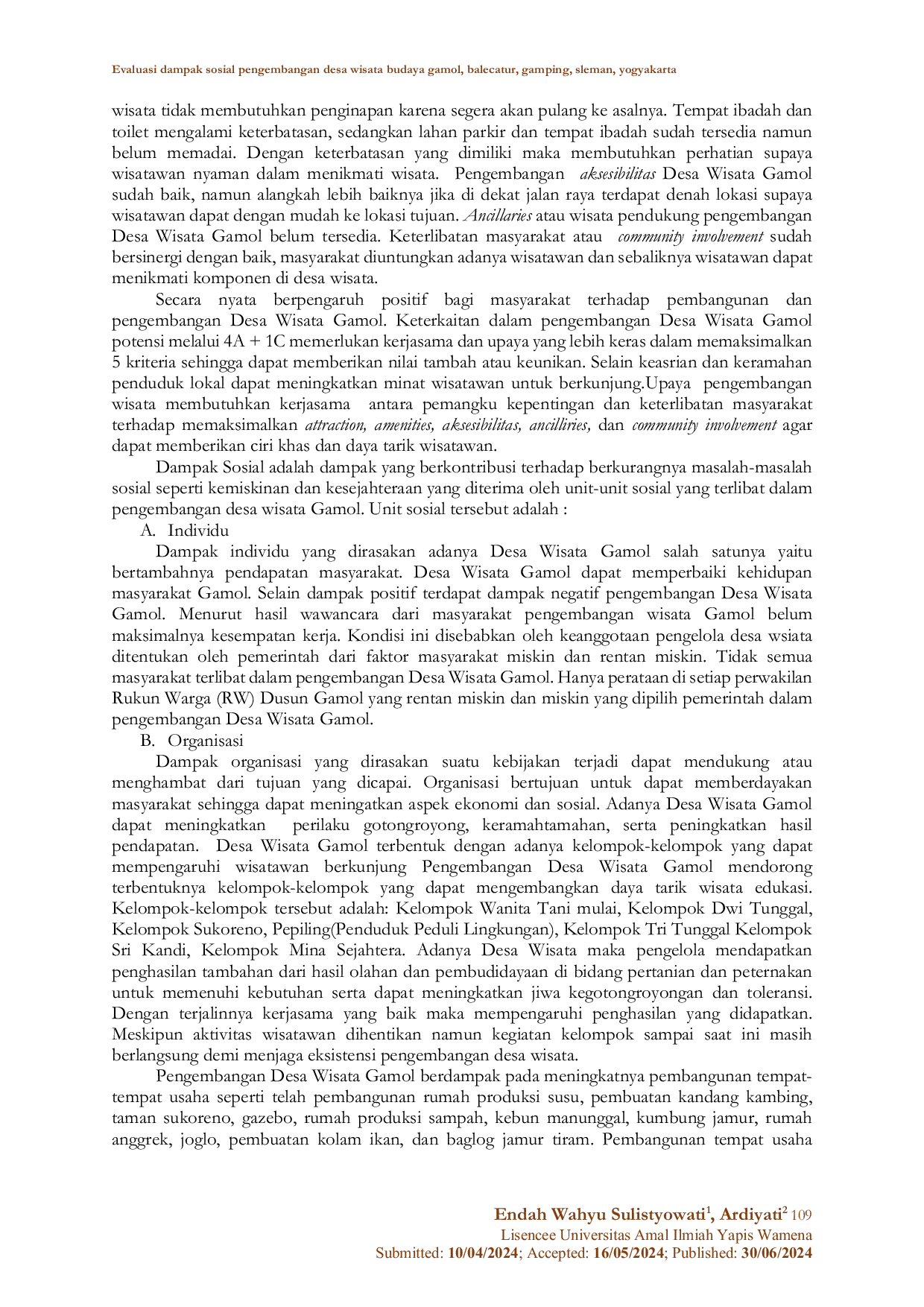 JURIS Evaluasi Dampak Sosial Pengembangan Desa Wisata Budaya Gamol Balecatur Gamping Sleman Yogyakarta