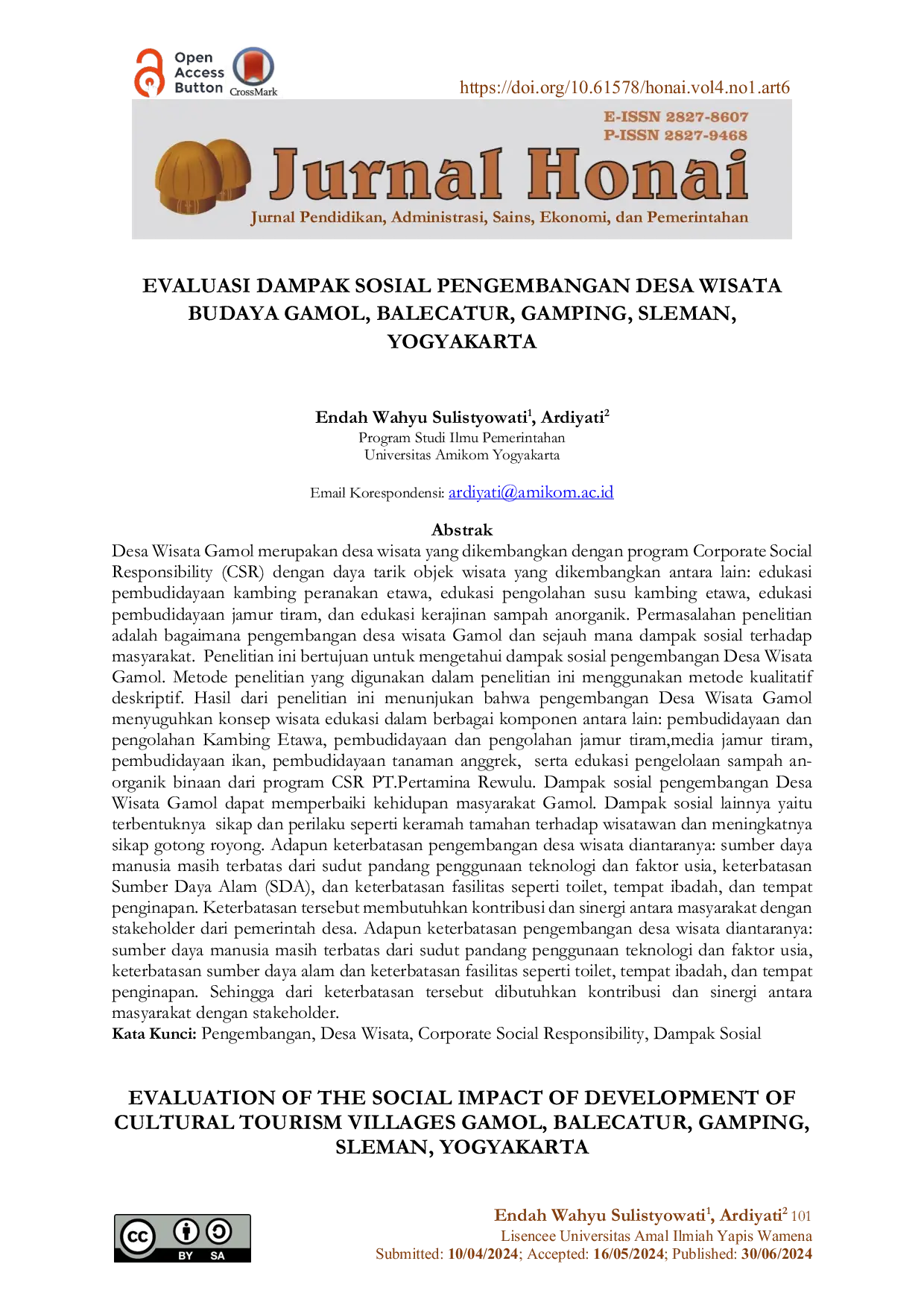 JURIS Evaluasi Dampak Sosial Pengembangan Desa Wisata Budaya Gamol Balecatur Gamping Sleman Yogyakarta