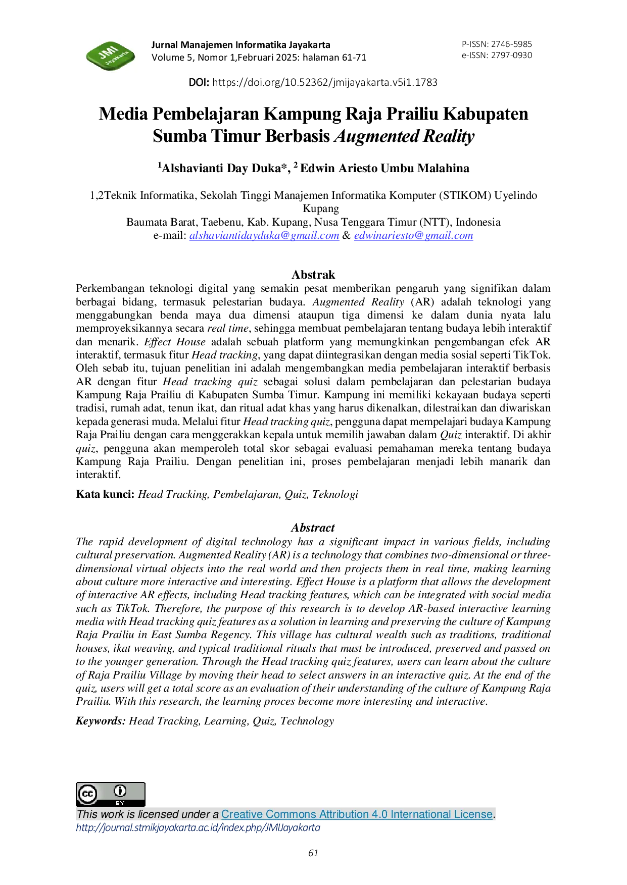 JURIS Media Pembelajaran Kampung Raja Prailiu Kabupaten Sumba Timur Berbasis Augmented Reality