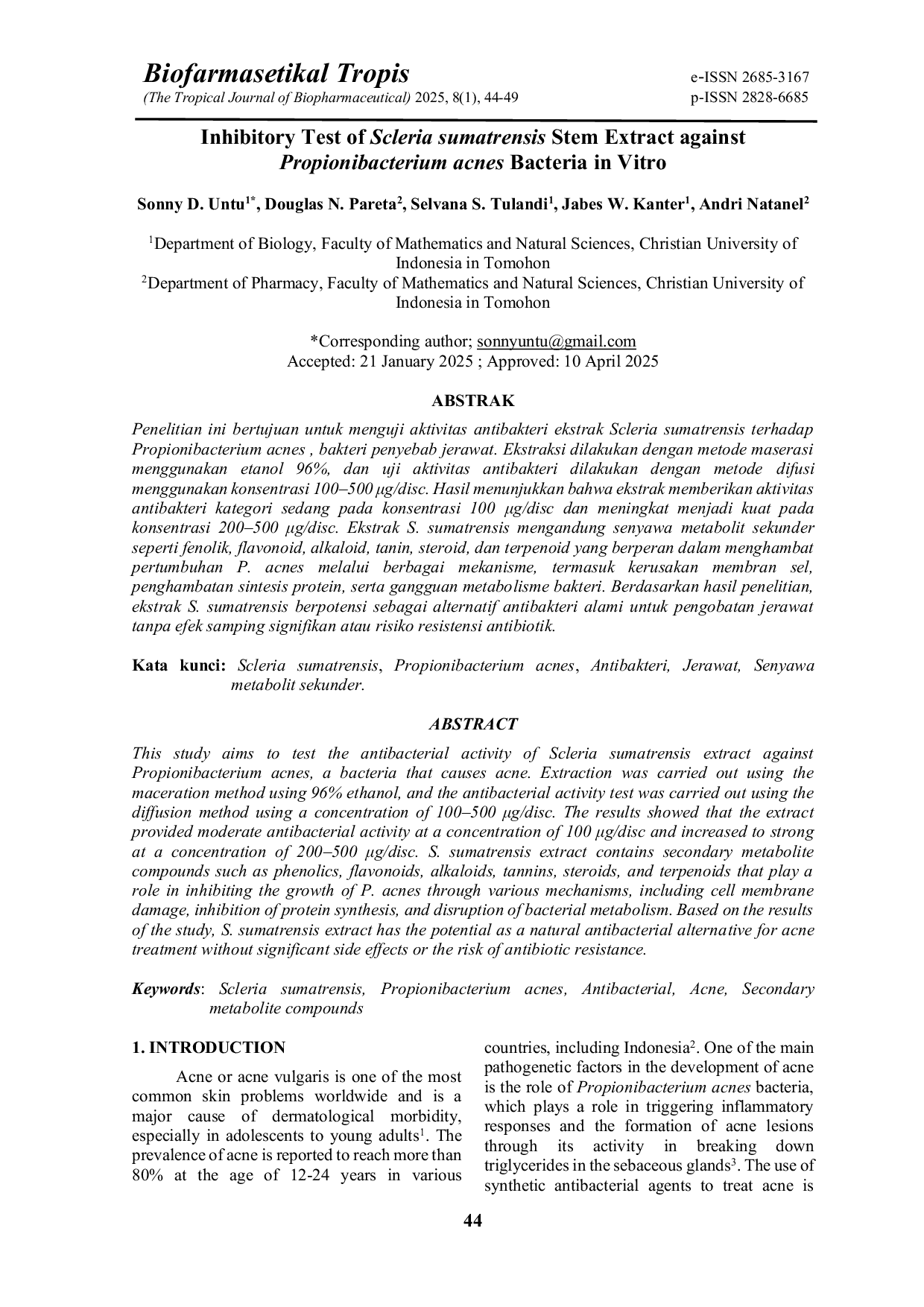 JURIS Inhibitory Test of Scleria sumatrensis Stem Extract against Propionibacterium acnes Bacteria in Vitro