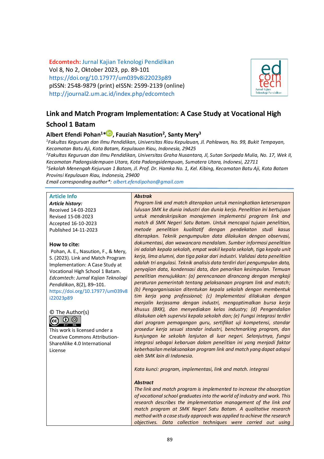 JURIS Link and Match Program Implementation A Case Study at Vocational High School 1 Batam