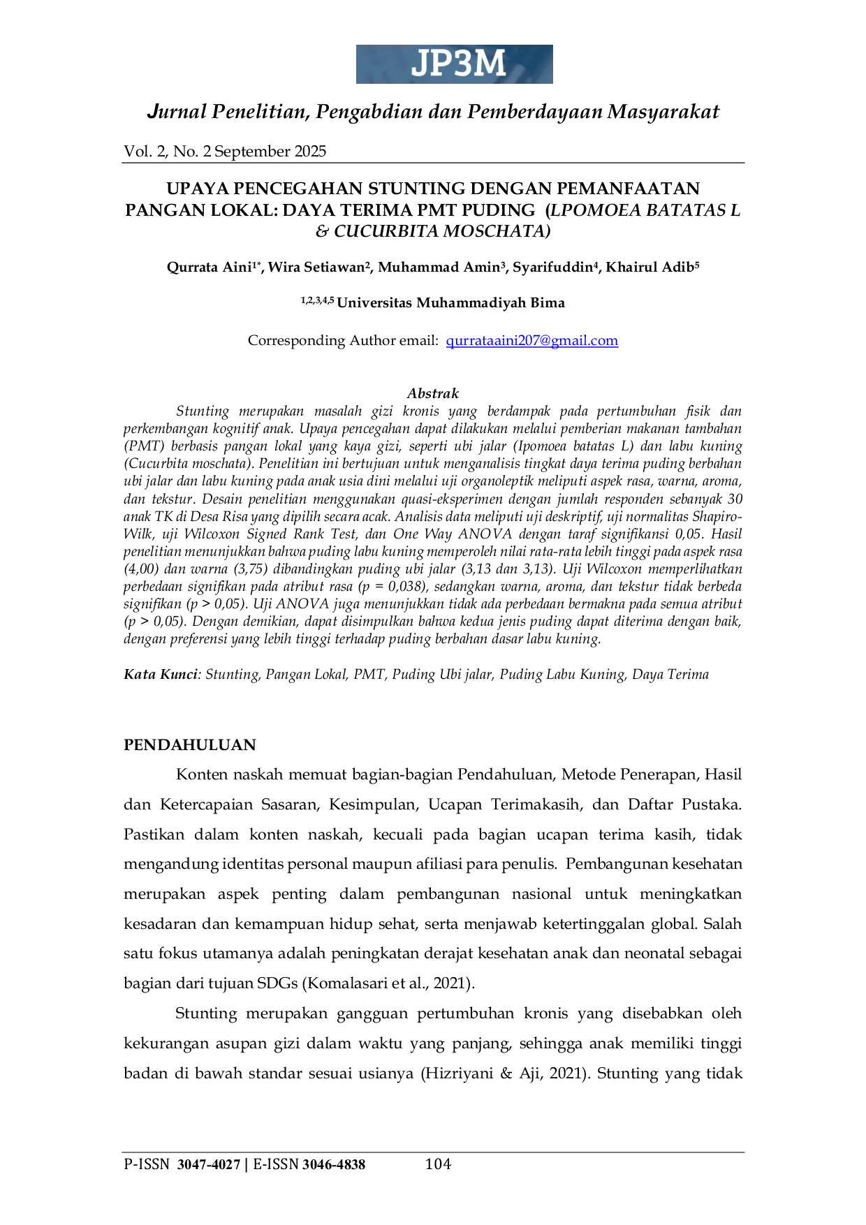 JURIS Upaya Pencegahan Stunting dengan Pemanfaatan Pangan Lokal Daya Terima PMT Puding Lpomoea Batatasl Cucurbita Moschata