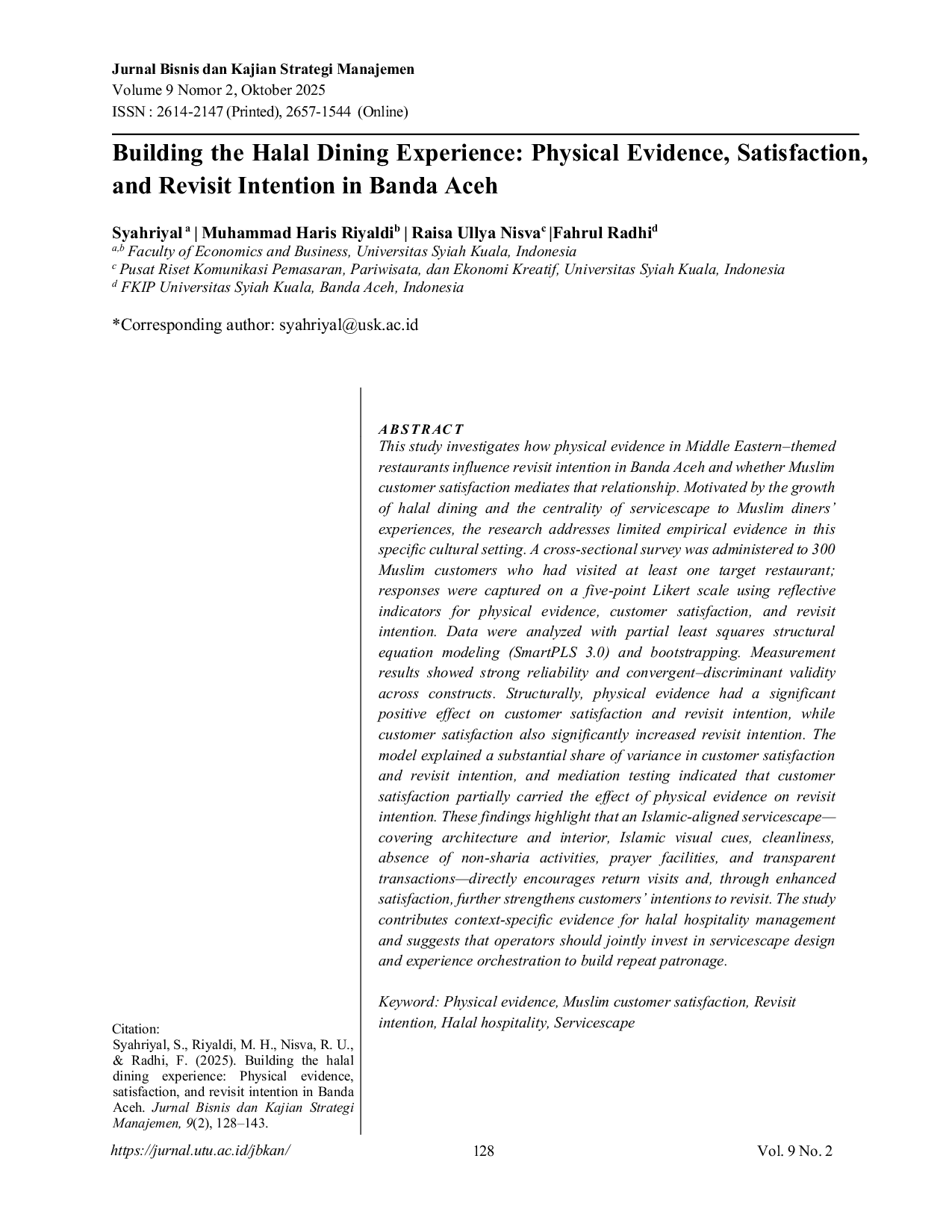 JURIS Building the Halal Dining Experience Physical Evidence Satisfaction and Revisit Intention in Banda Aceh