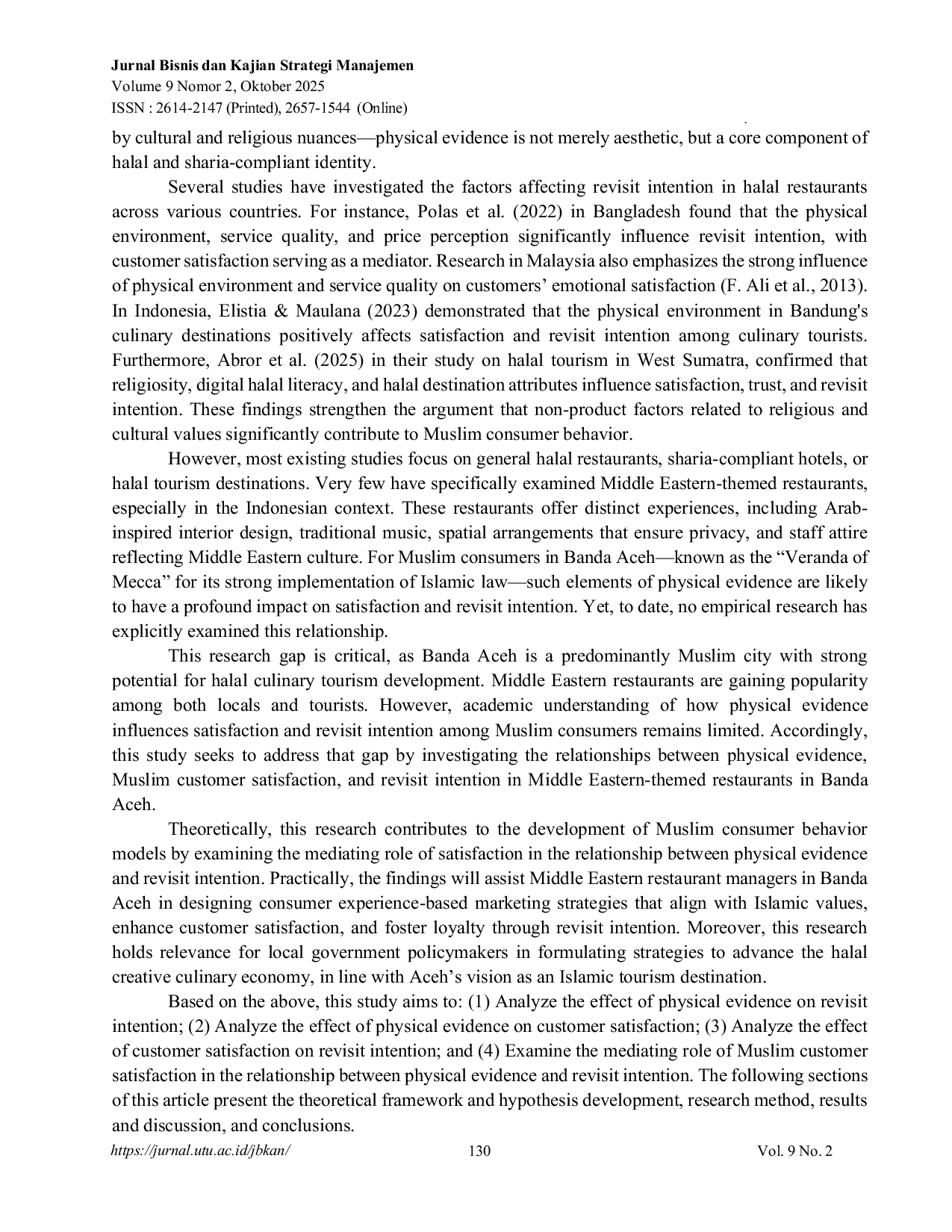 JURIS Building the Halal Dining Experience Physical Evidence Satisfaction and Revisit Intention in Banda Aceh