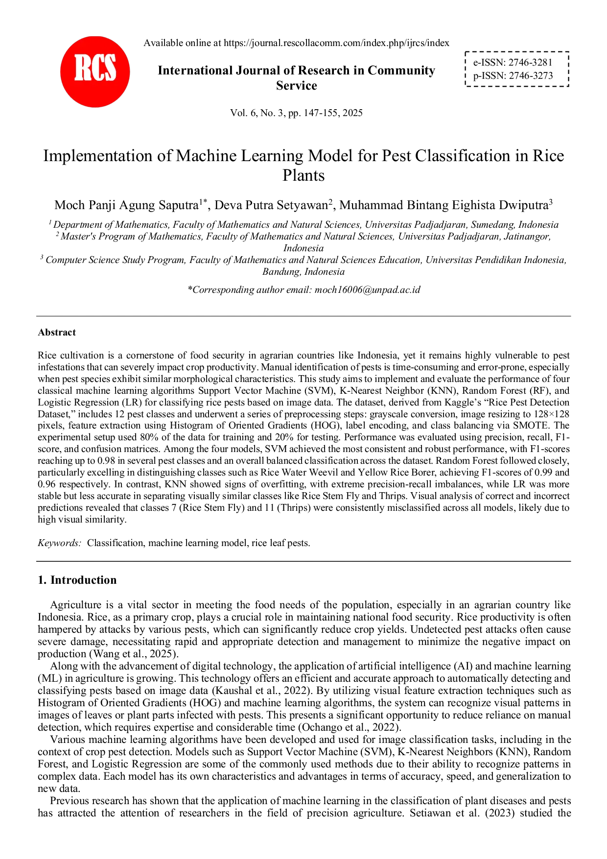 JURIS Implementation of Machine Learning Model for Pest Classification in Rice Plants
