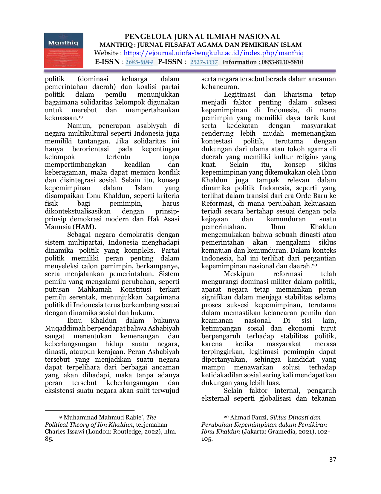 JURIS Suksesi Kepemimpinan dalam Pemikiran Ibnu Khaldun Relevansinya dengan Kepemimpinan Era Reformasi di Indonesia
