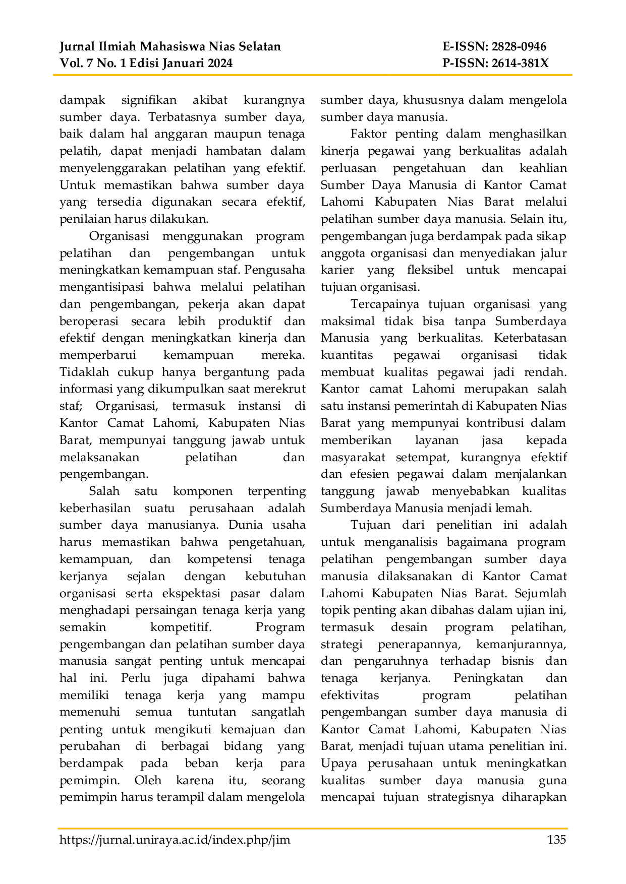 JURIS Analisis Pelatihan Dan Pengembangan Sumber Daya Manusia Pada Kantor Camat Lahomi Kabupaten Nias Barat