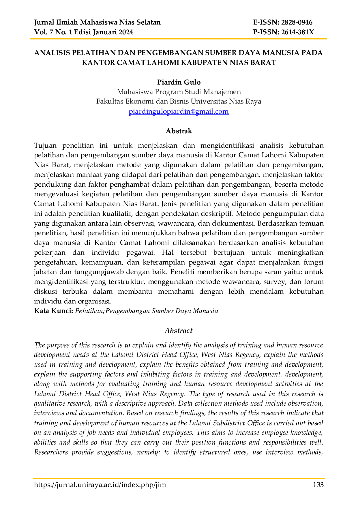 JURIS Analisis Pelatihan Dan Pengembangan Sumber Daya Manusia Pada Kantor Camat Lahomi Kabupaten Nias Barat