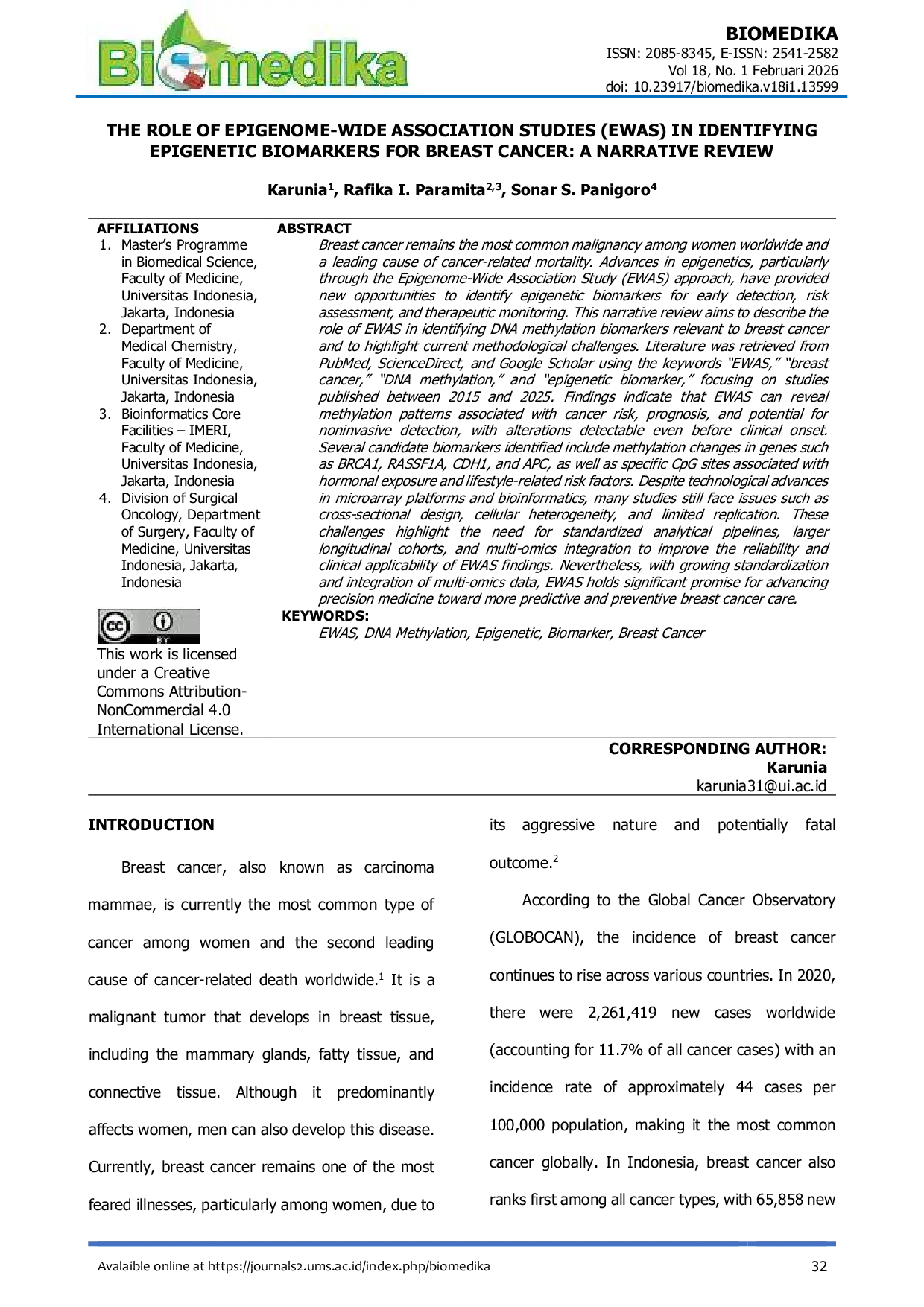 JURIS The Role of Epigenome Wide Association Studies EWAS in Identifying Epigenetic Biomarkers for Breast Cancer A Narrative Review