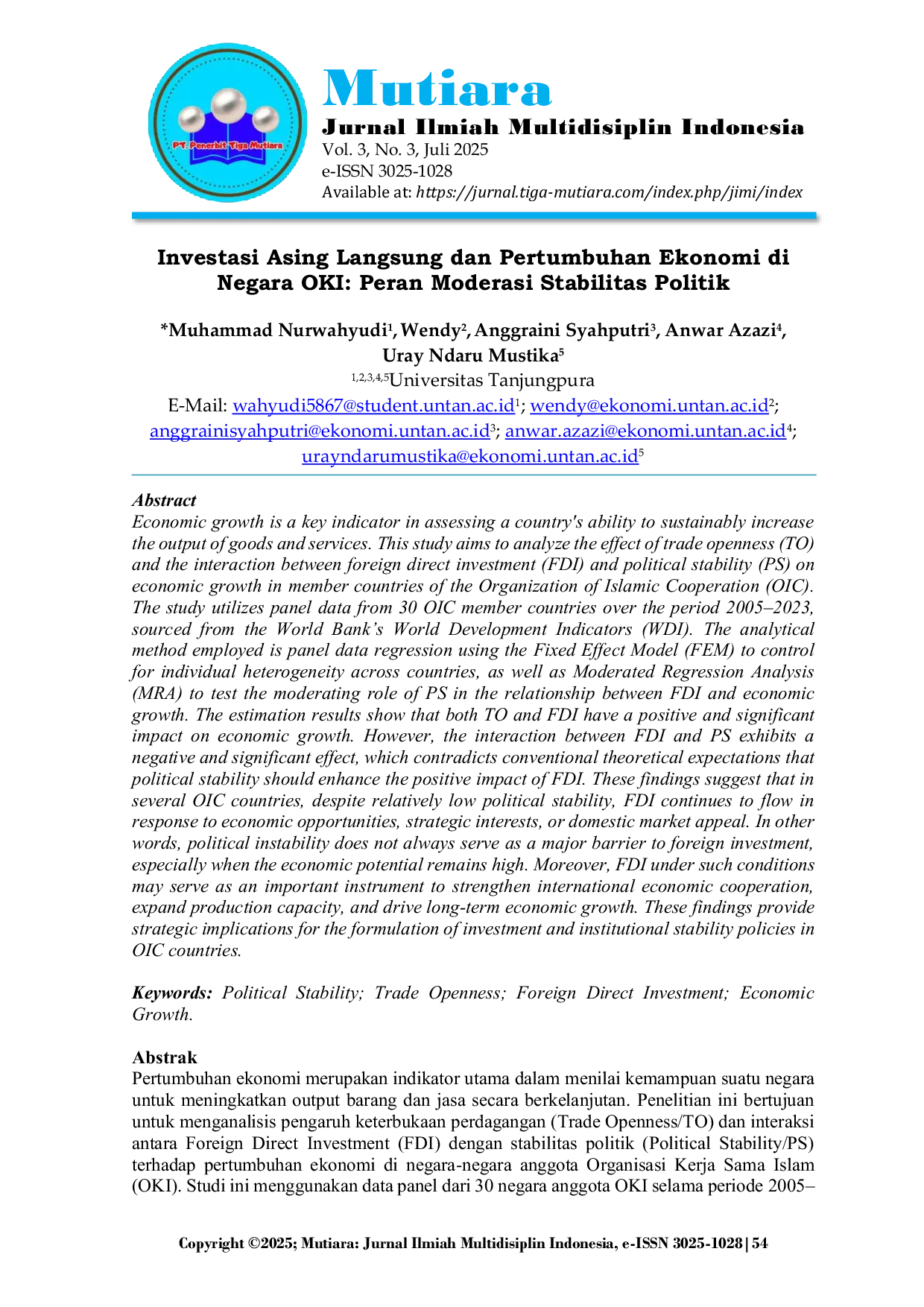 JURIS Investasi Asing Langsung dan Pertumbuhan Ekonomi di Negara OKI Peran Moderasi Stabilitas Politik