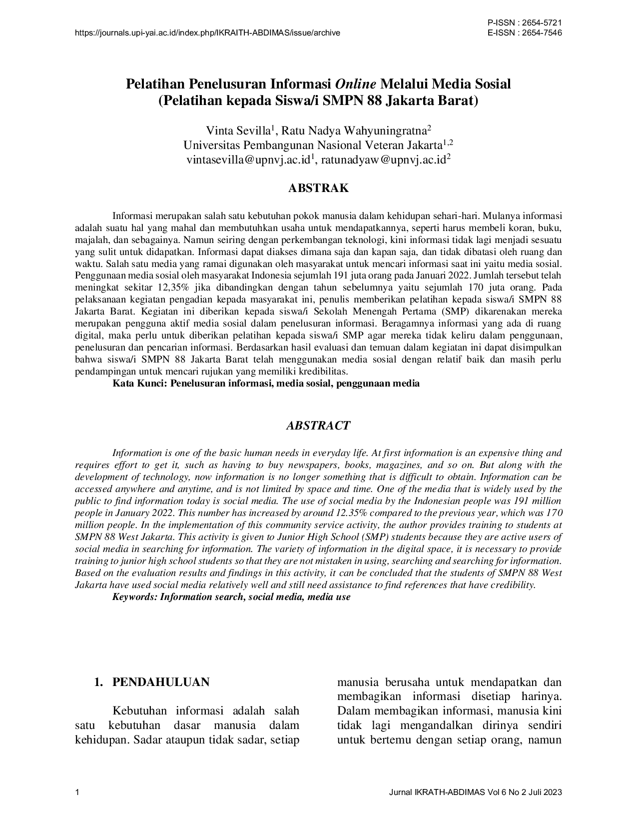 JURIS Pelatihan Penelusuran Informasi Online Melalui Media Sosial Pelatihan Kepada Siswa I SMPN 88 Jakarta Barat