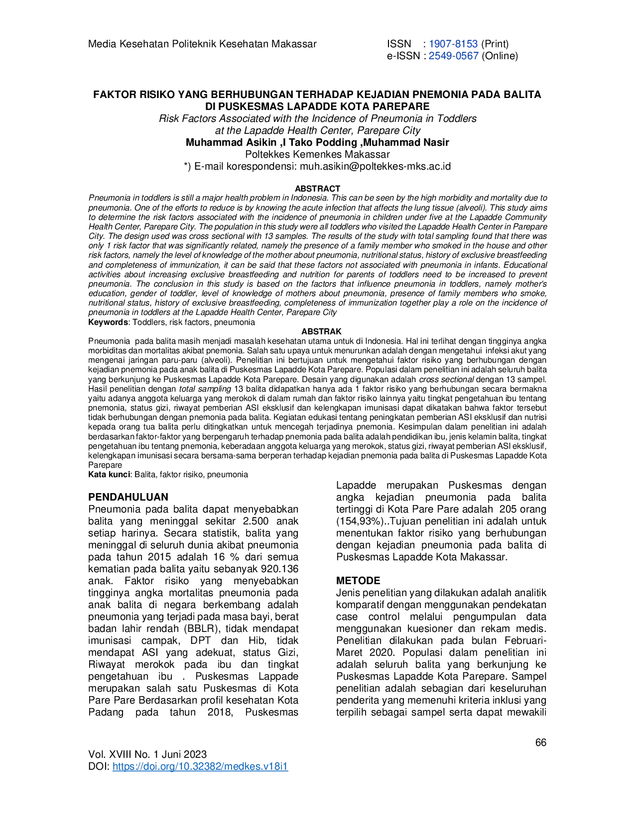 JURIS Faktor Risiko Yang Berhubungan Terhadap Kejadian Pneumonia Pada Balita Di Puskesmas Lapadde Kota Parepare