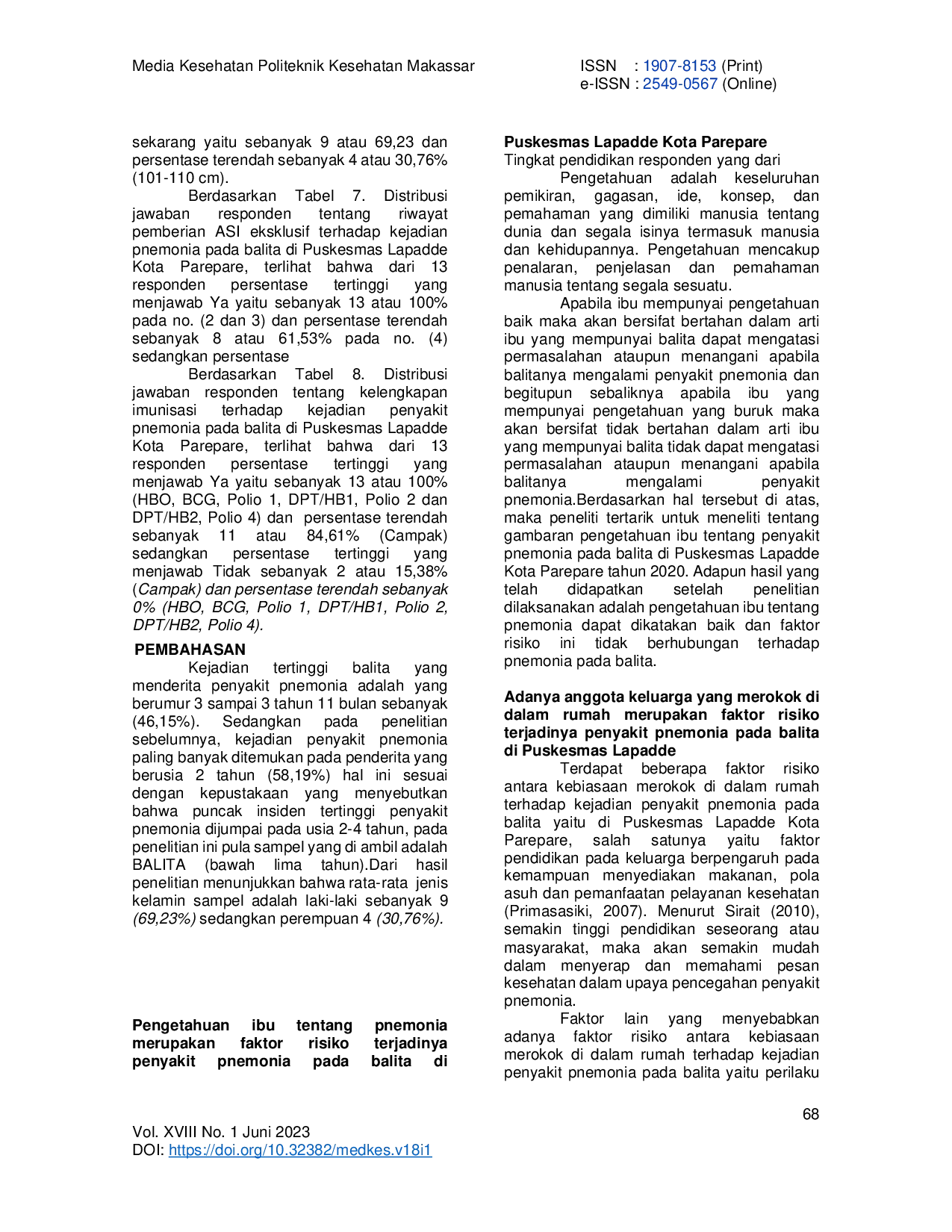 JURIS Faktor Risiko Yang Berhubungan Terhadap Kejadian Pneumonia Pada Balita Di Puskesmas Lapadde Kota Parepare