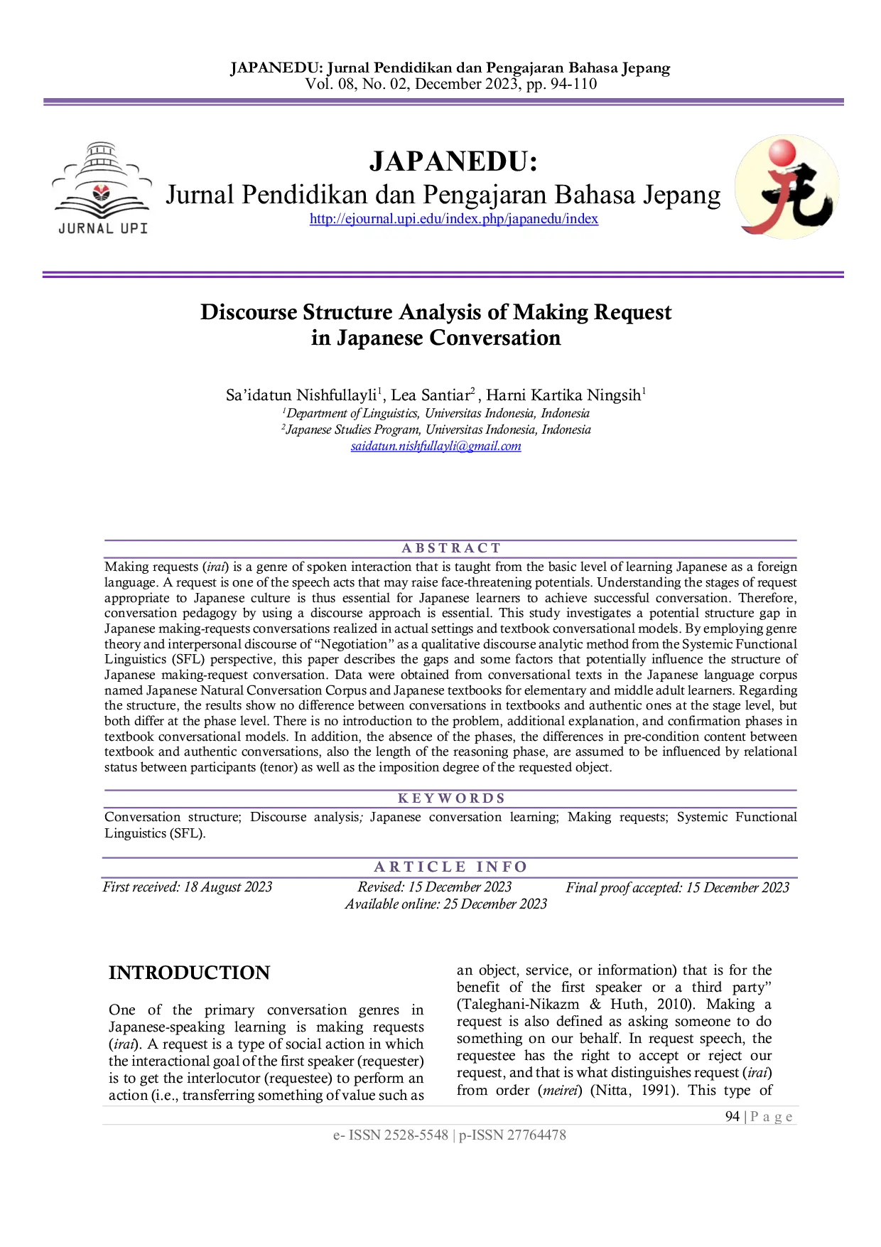 JURIS Discourse Structure Analysis of Making Request in Japanese Conversation