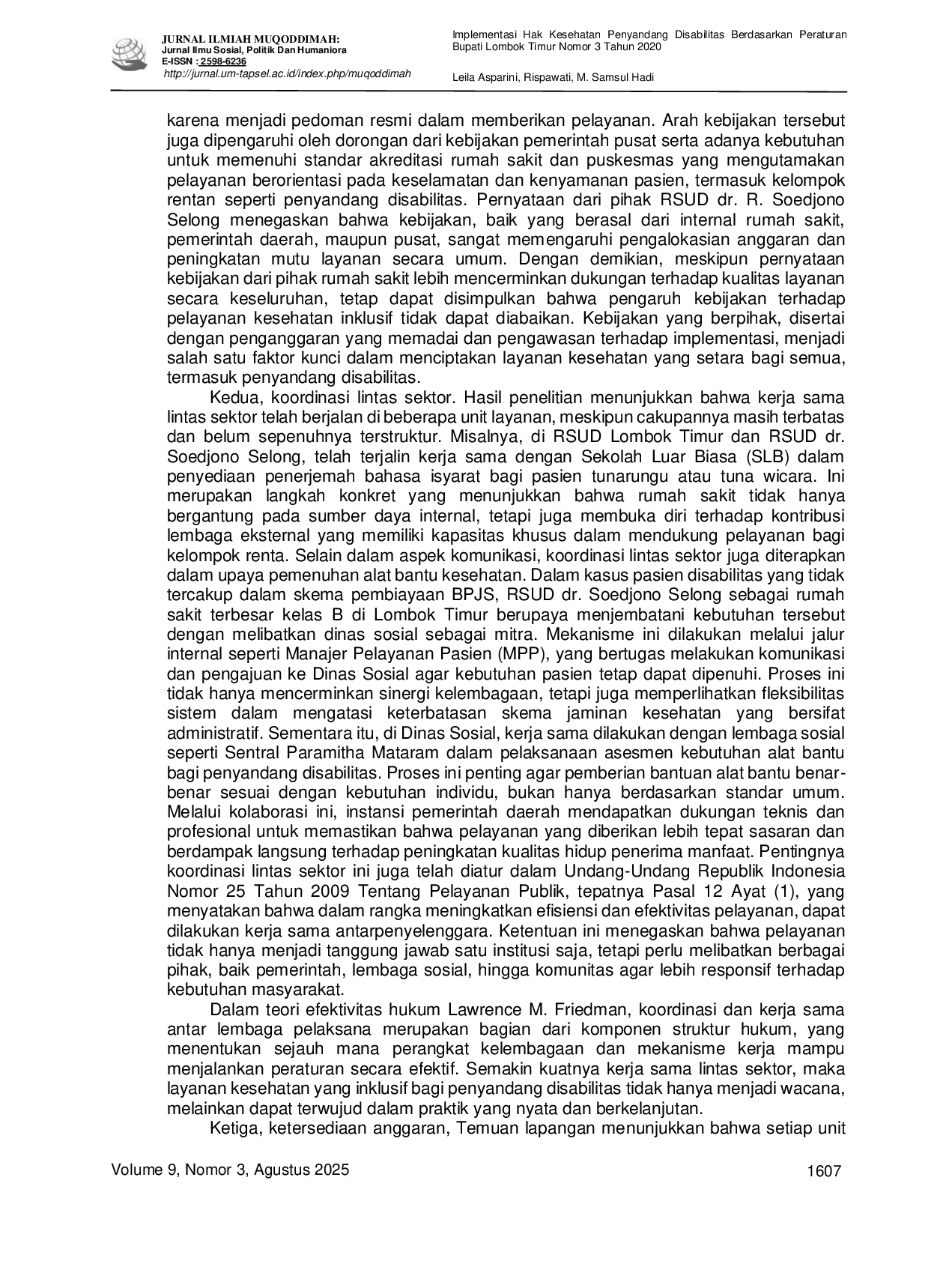 JURIS Implementasi Hak Kesehatan Penyandang Disabilitas Berdasarkan Peraturan Bupati Lombok Timur Nomor 3 Tahun 2020