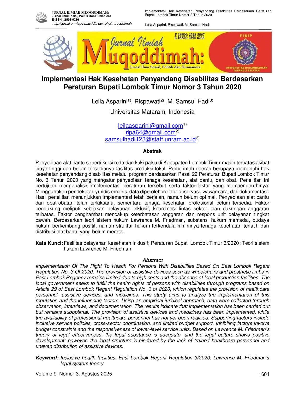 JURIS Implementasi Hak Kesehatan Penyandang Disabilitas Berdasarkan Peraturan Bupati Lombok Timur Nomor 3 Tahun 2020
