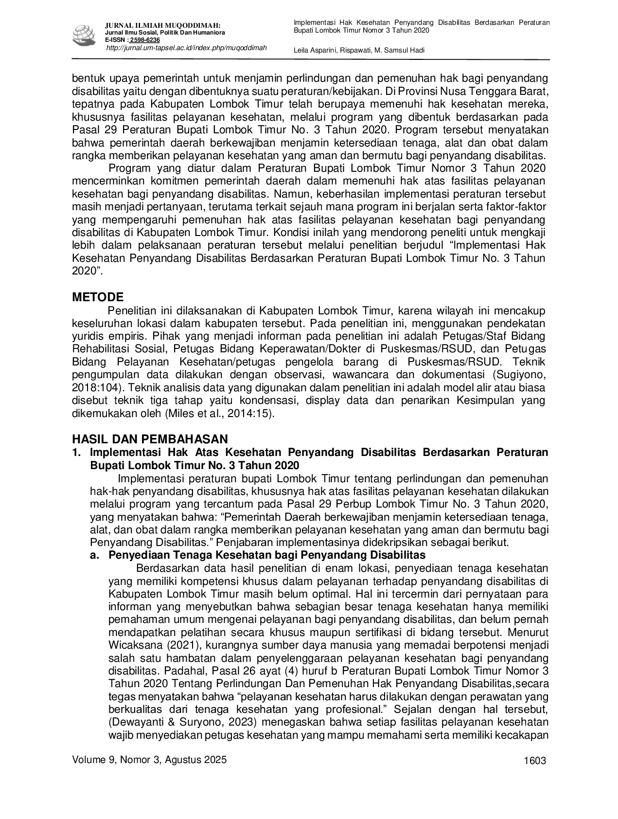 JURIS Implementasi Hak Kesehatan Penyandang Disabilitas Berdasarkan Peraturan Bupati Lombok Timur Nomor 3 Tahun 2020