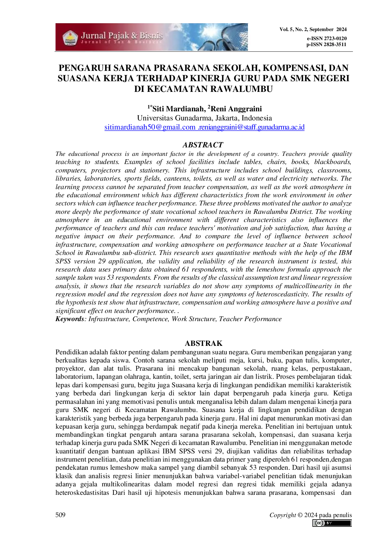 JURIS Pengaruh Sarana Prasarana Sekolah Kompensasi Dan Suasana Kerja Terhadap Kinerja Guru Pada SMK Negeri Di Kecamatan Rawalumbu