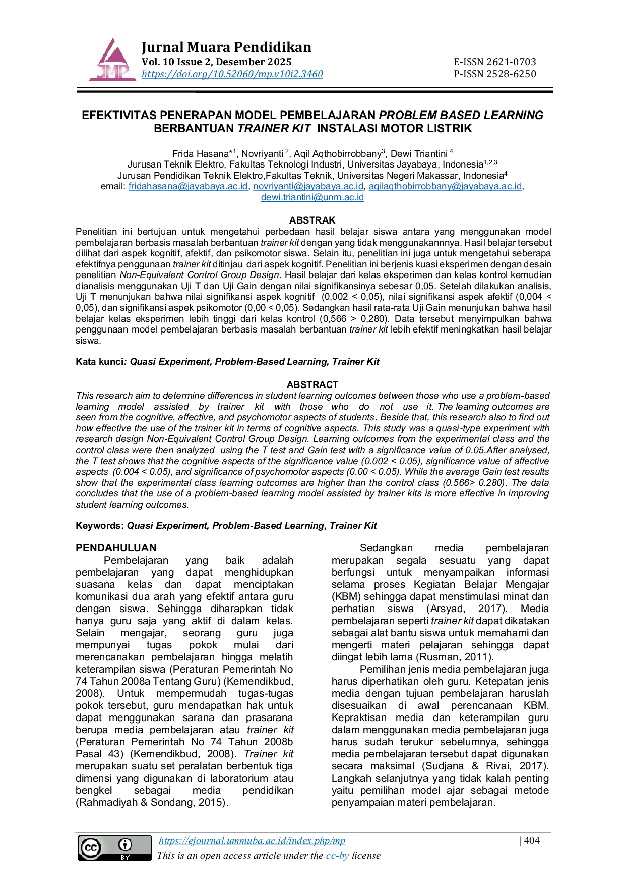 JURIS Efektivitas Penerapan Model Pembelajaran Problem Based Learning Berbantuan Trainer Kit Instalasi Motor Listrik