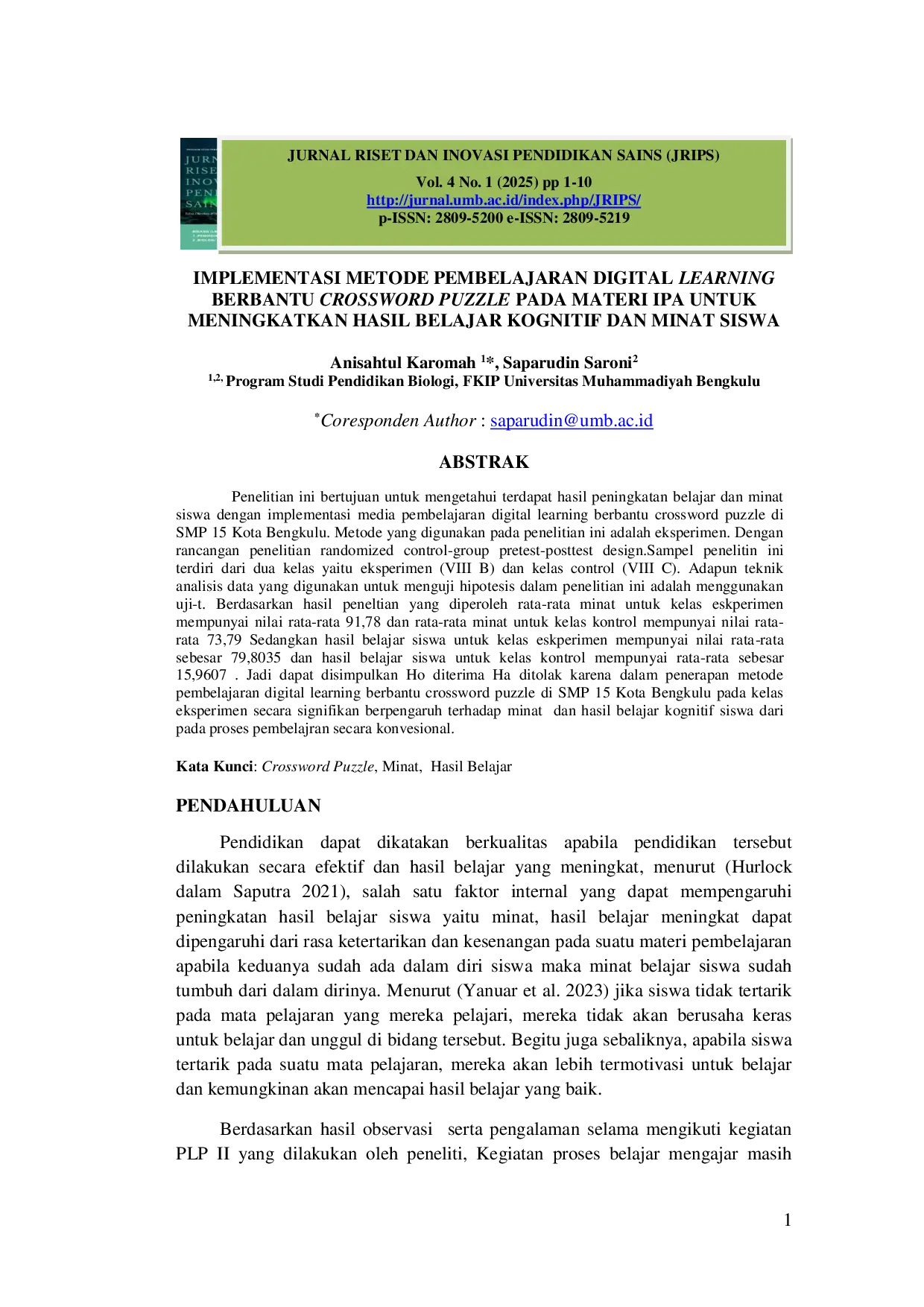 JURIS Implementasi Metode Pembelajaran Digital Learning Berbantu Crossword Puzzle Pada Materi IPA Untuk Meningkatkan Hasil Belajar Kognitif Dan Minat Siswa