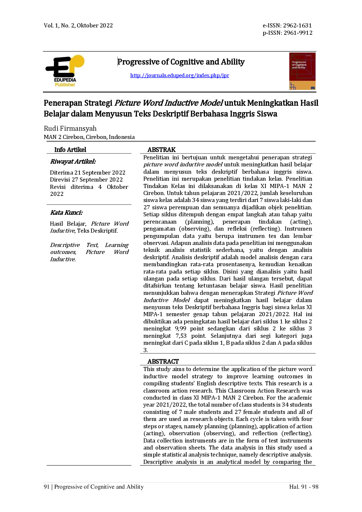 juris Penerapan Strategi Picture Word Inductive Model untuk Meningkatkan Hasil Belajar dalam Menyusun Teks Deskriptif Berbahasa Inggris Siswa