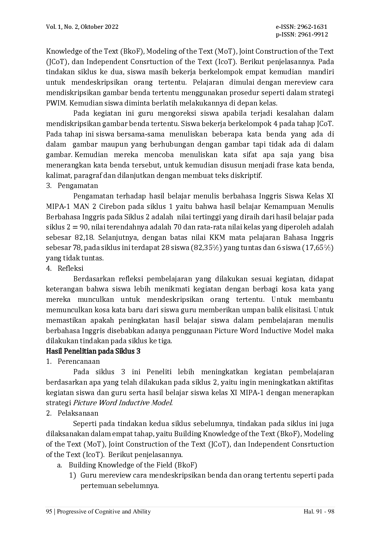 juris Penerapan Strategi Picture Word Inductive Model untuk Meningkatkan Hasil Belajar dalam Menyusun Teks Deskriptif Berbahasa Inggris Siswa